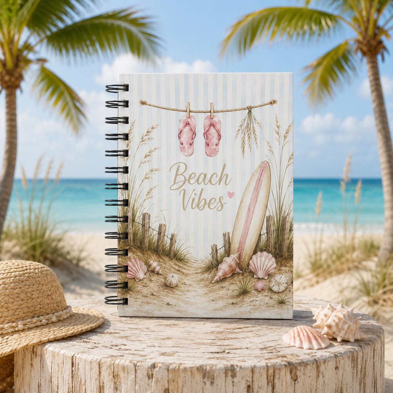 Beach Vibes Spiral Journal — Coastal Notebook with Surfboard & Seashell Design
