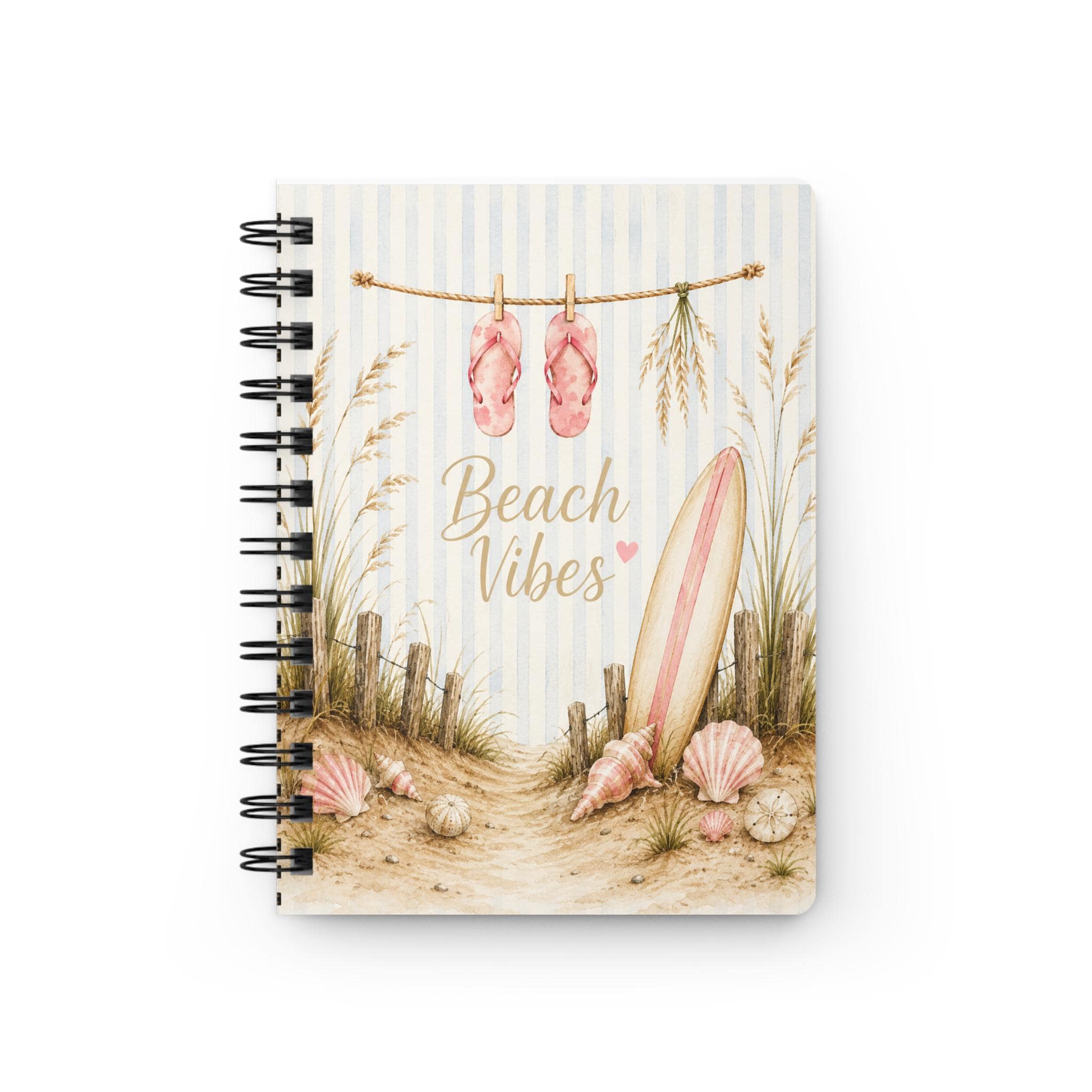 Beach Vibes Spiral Journal — Coastal Notebook with Surfboard & Seashell Design, product view 2