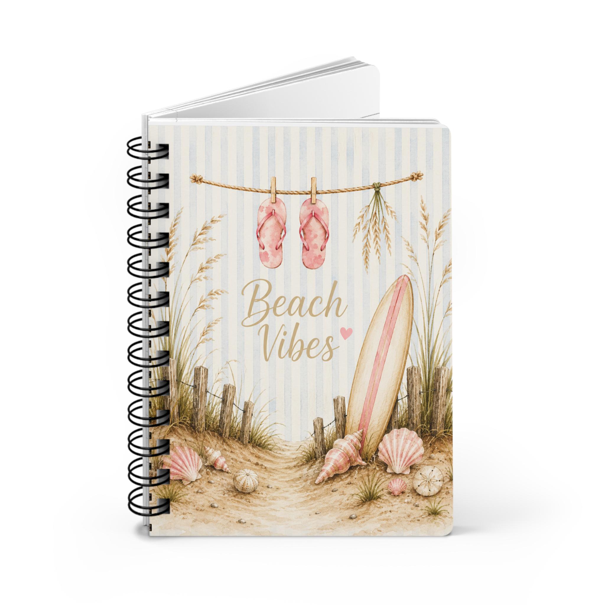 Beach Vibes Spiral Journal — Coastal Notebook with Surfboard & Seashell Design, product view 3