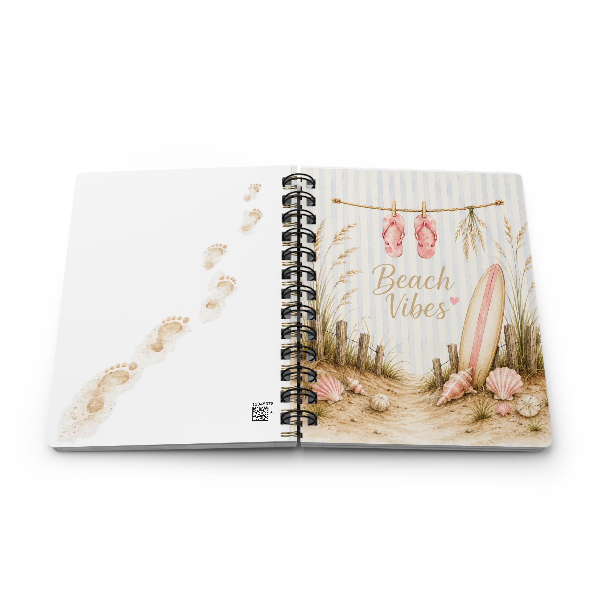 Beach Vibes Spiral Journal — Coastal Notebook with Surfboard & Seashell Design, product view 5