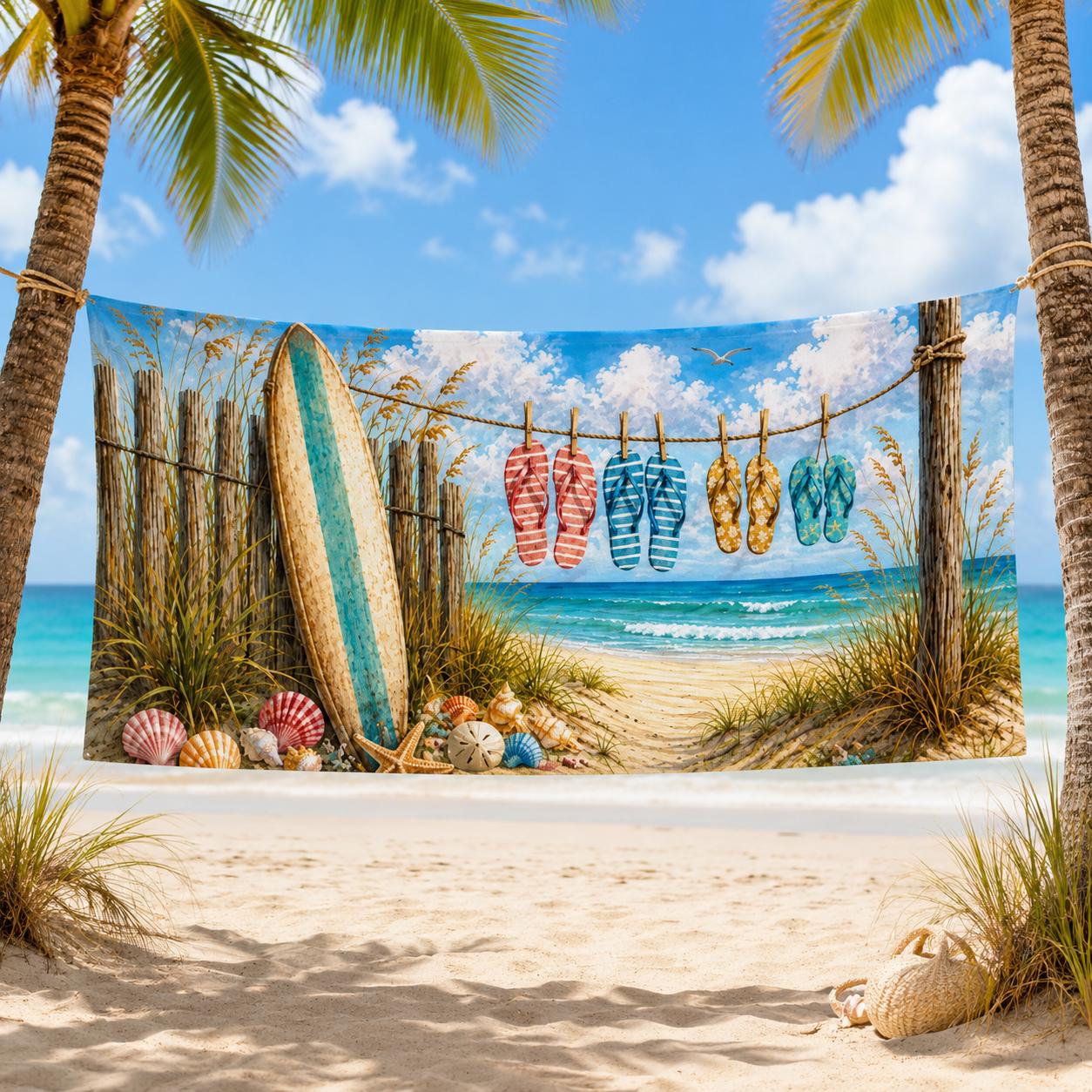 Coastal Flip-Flops Surfboard Beach Towel Tropical Seaside Sun Sand Design