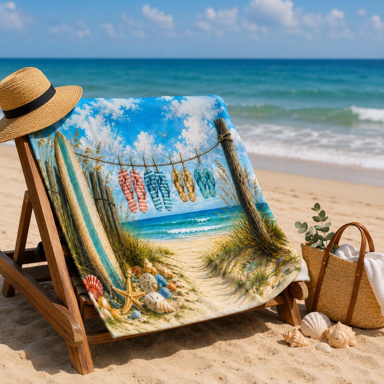 Coastal Flip-Flops Surfboard Beach Towel Tropical Seaside Sun Sand Design, product view 2