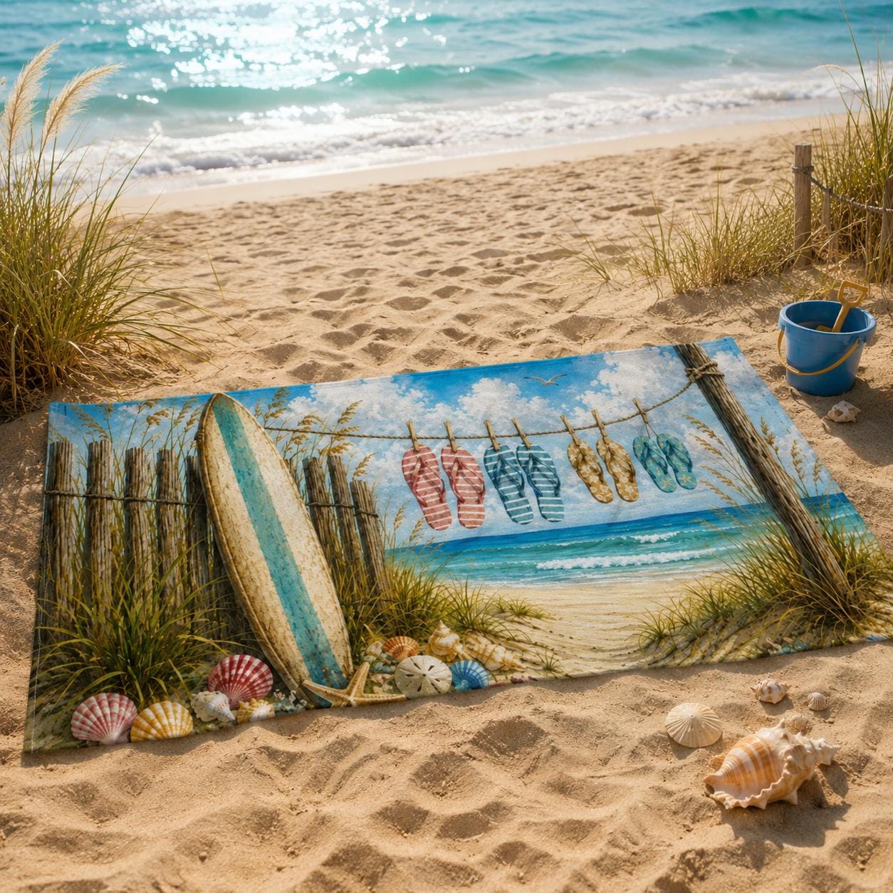 Coastal Flip-Flops Surfboard Beach Towel Tropical Seaside Sun Sand Design, product view 3