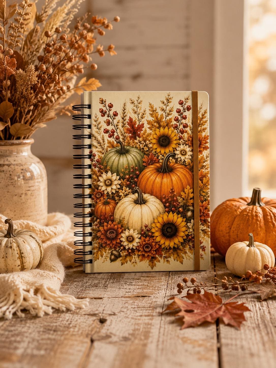 Autumn Harvest Spiral Journal — Pumpkin & Sunflower Fall Notebook