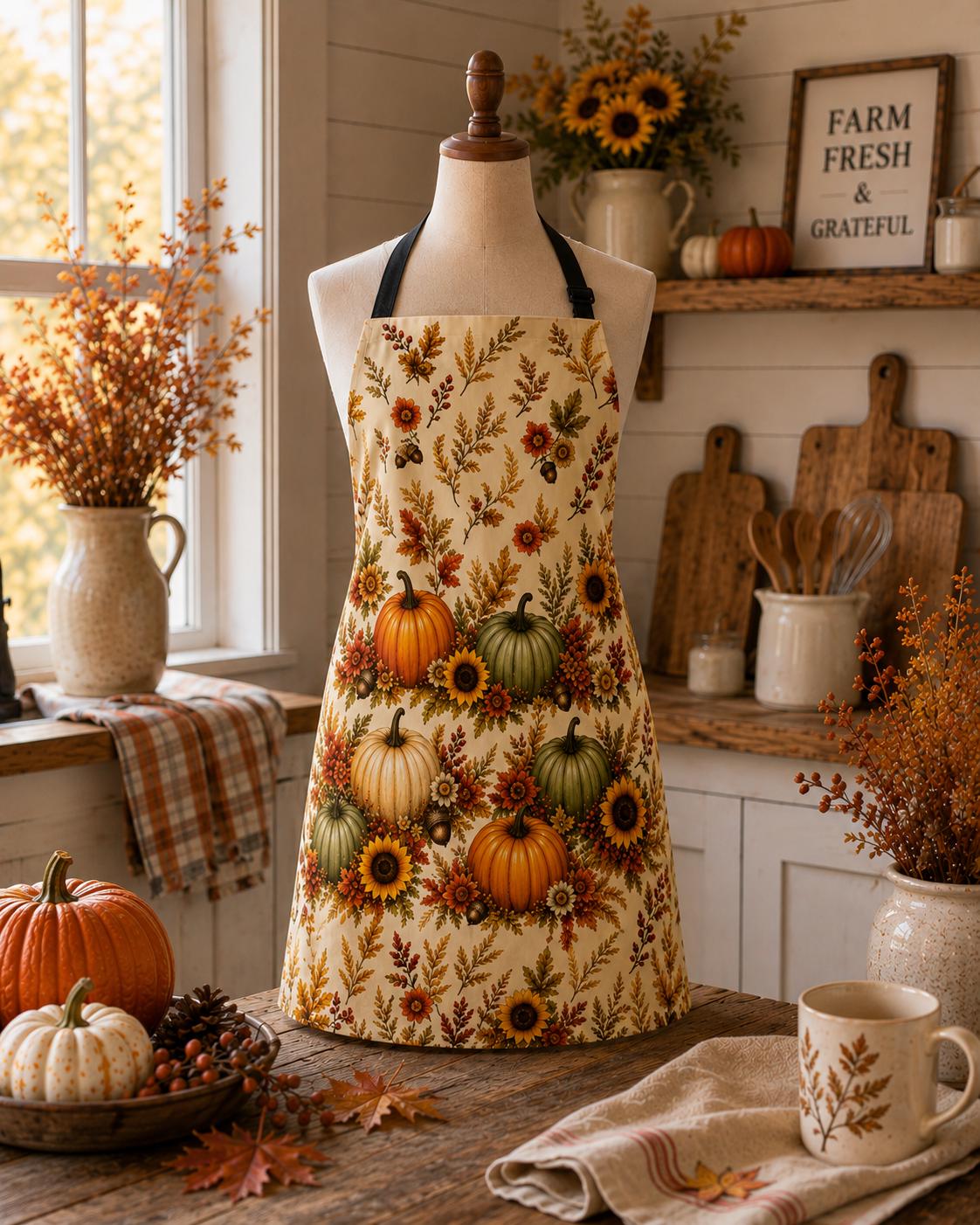 Autumn Harvest Apron — Pumpkin & Sunflower Fall Kitchen Apron