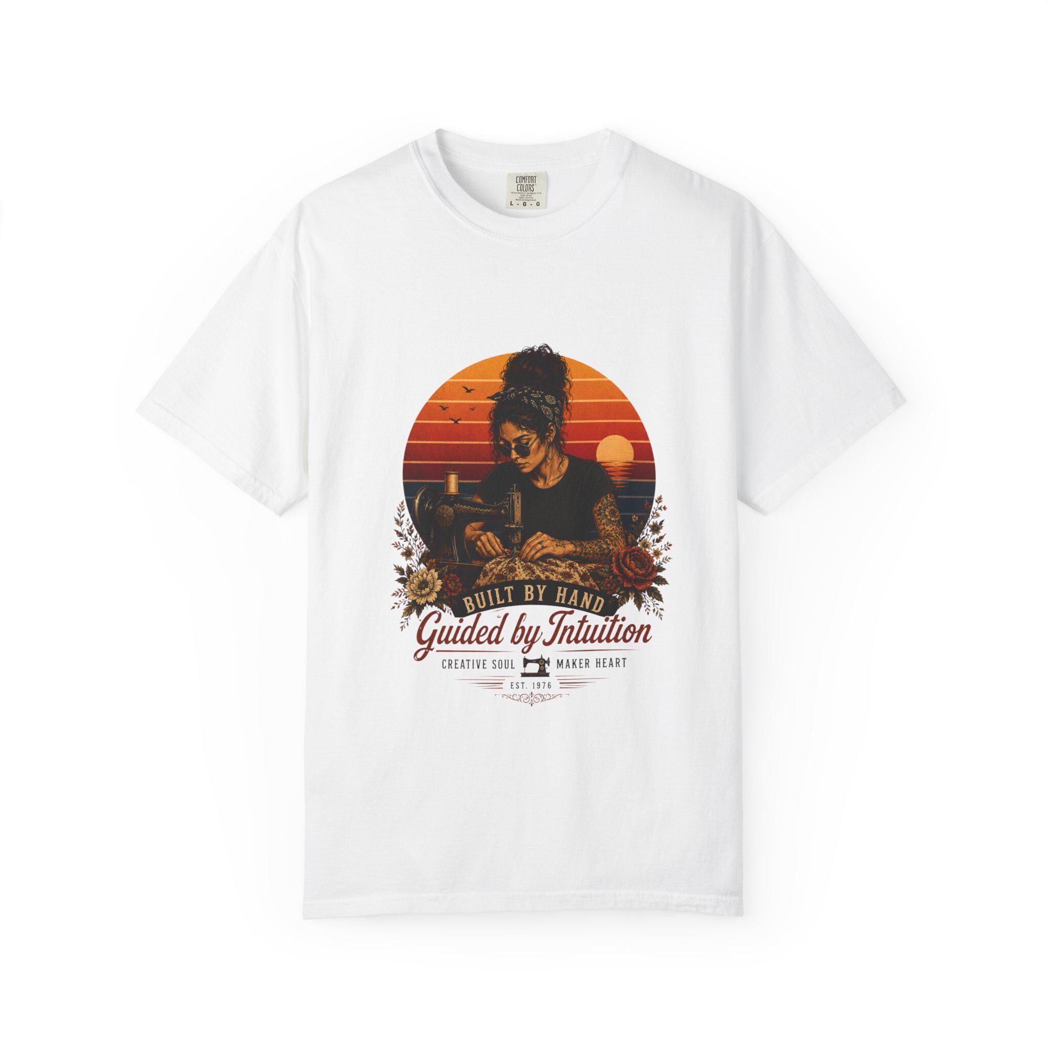 T-Shirt — 'Built by Hand, Guided by Grandma' Retro Sunset Skull Design