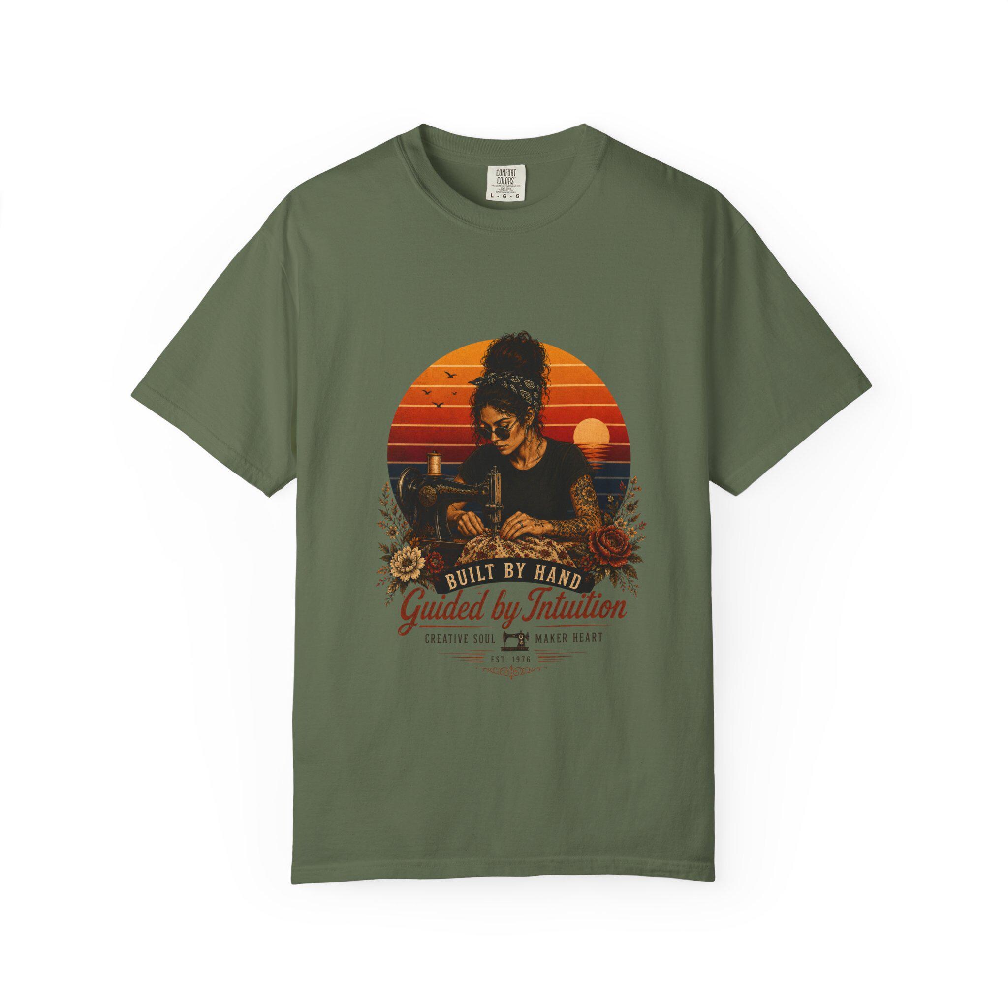 T-Shirt — 'Built by Hand, Guided by Grandma' Retro Sunset Skull Design, product view 3
