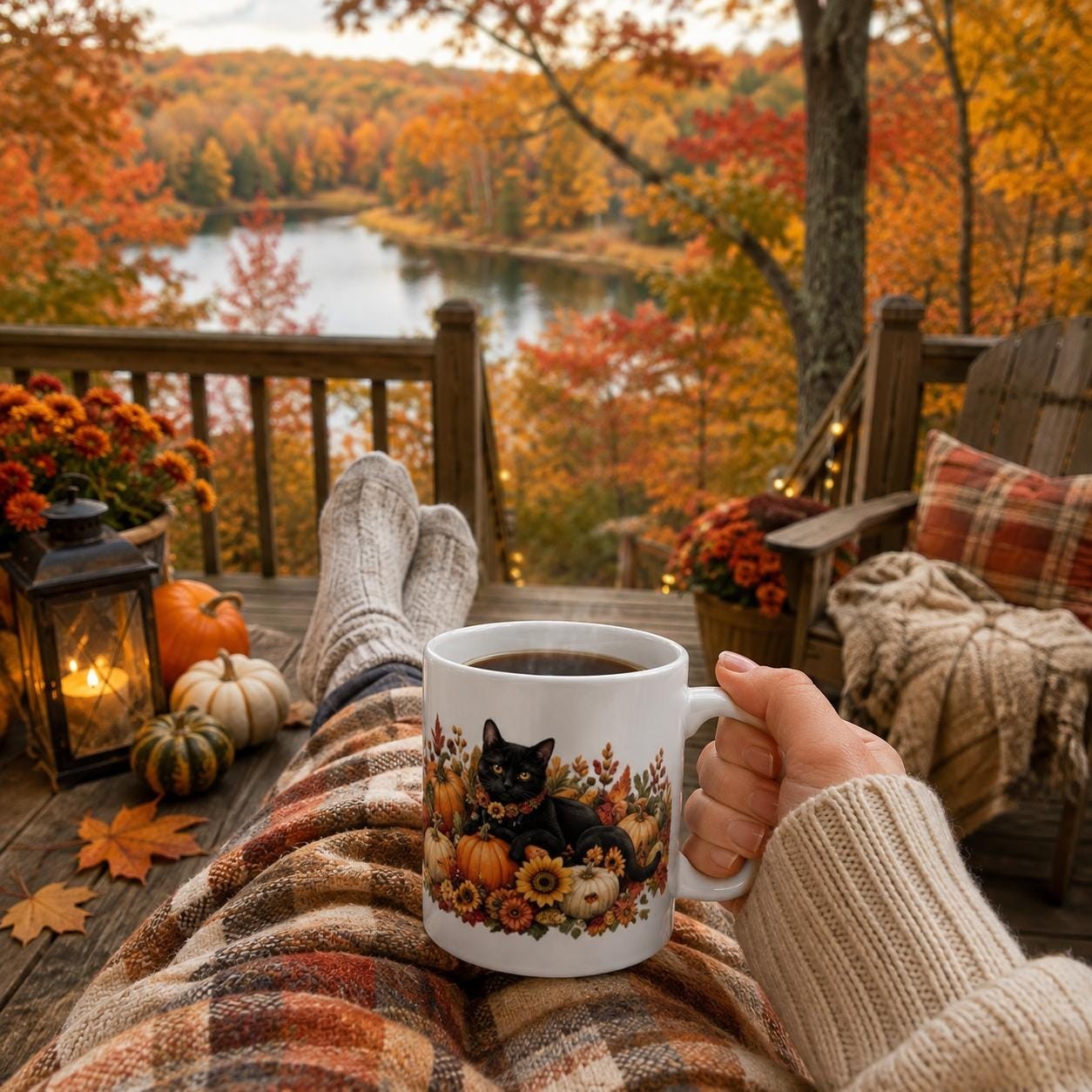 Autumn Black Cat Mug, Fall Pumpkin & Sunflower Coffee Cup