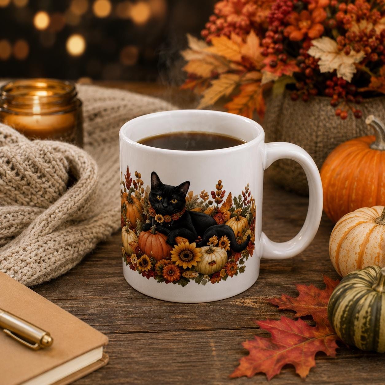 Autumn Black Cat Mug, Fall Pumpkin & Sunflower Coffee Cup, product view 2