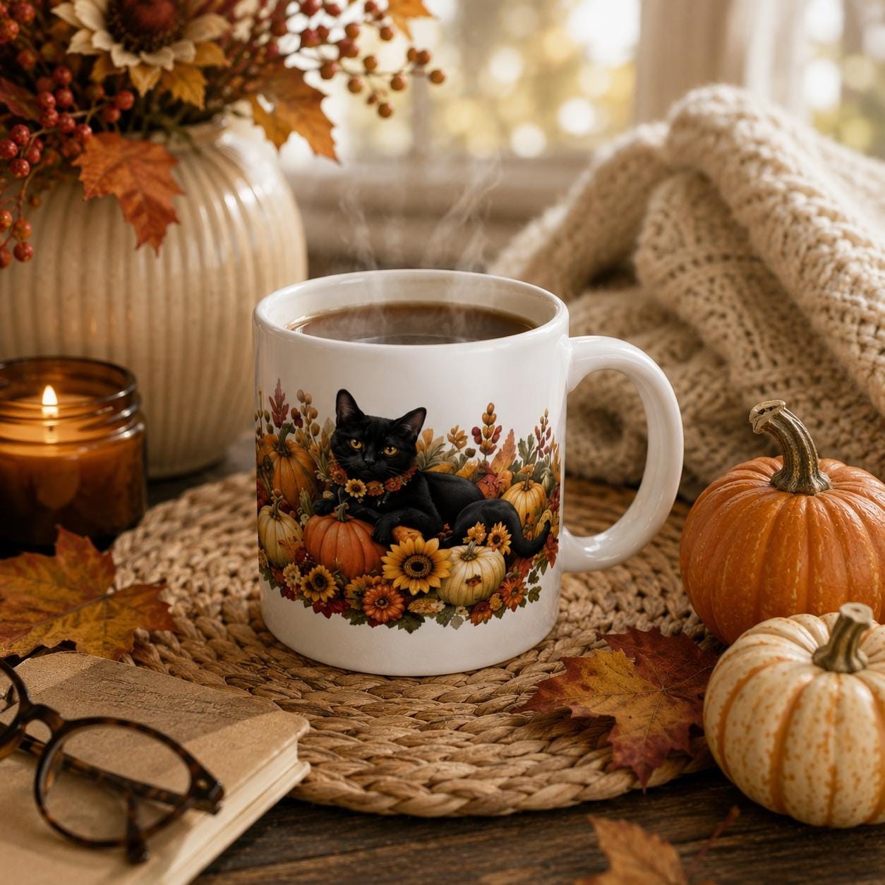 Autumn Black Cat Mug, Fall Pumpkin & Sunflower Coffee Cup, product view 3