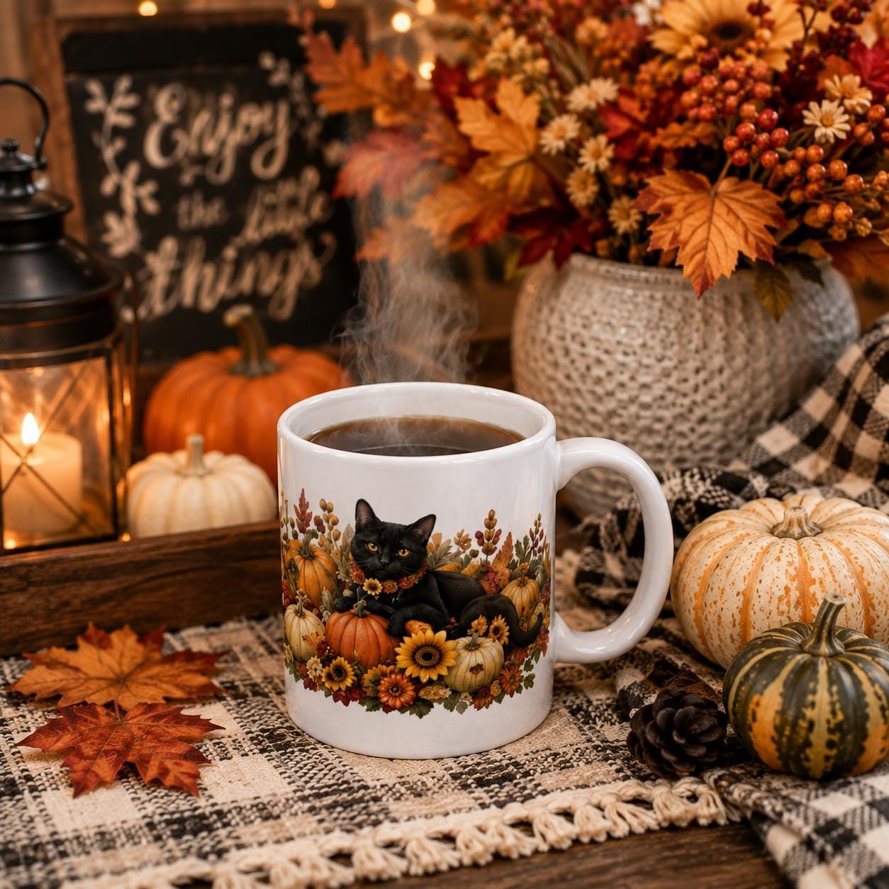 Autumn Black Cat Mug, Fall Pumpkin & Sunflower Coffee Cup, product view 4
