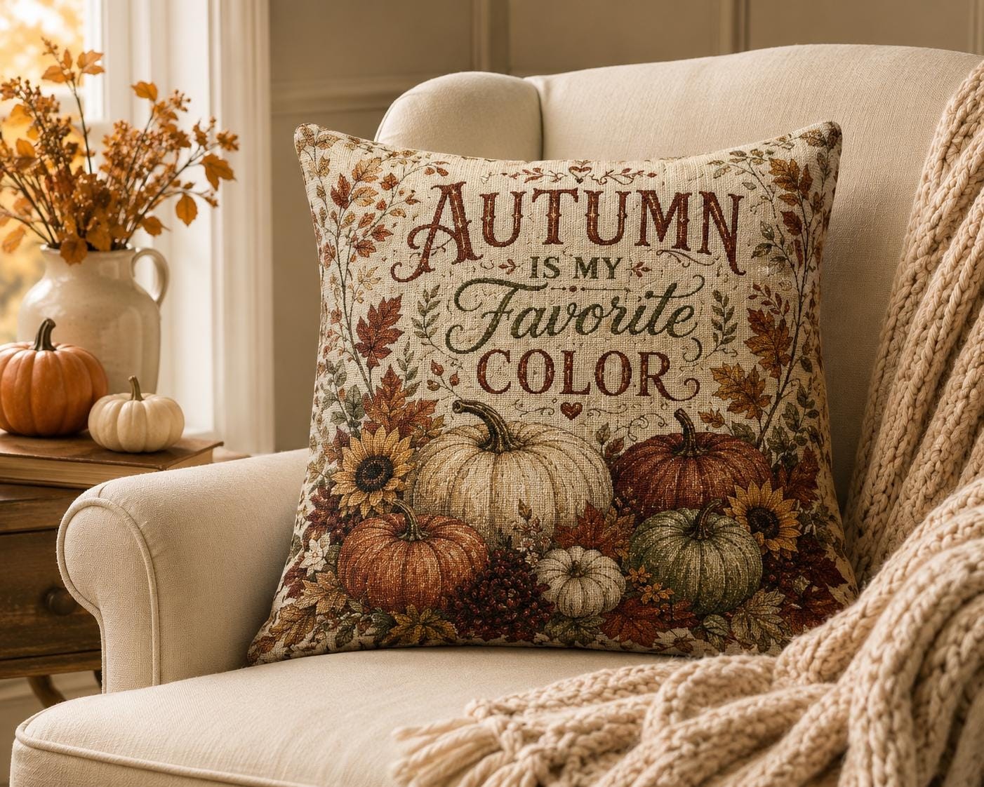 Autumn Is My Favorite Color Woven Pillow, Fall Pumpkin Decorative Pillow