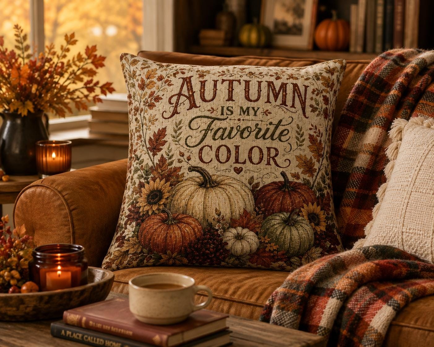 Autumn Is My Favorite Color Woven Pillow, Fall Pumpkin Decorative Pillow, product view 2