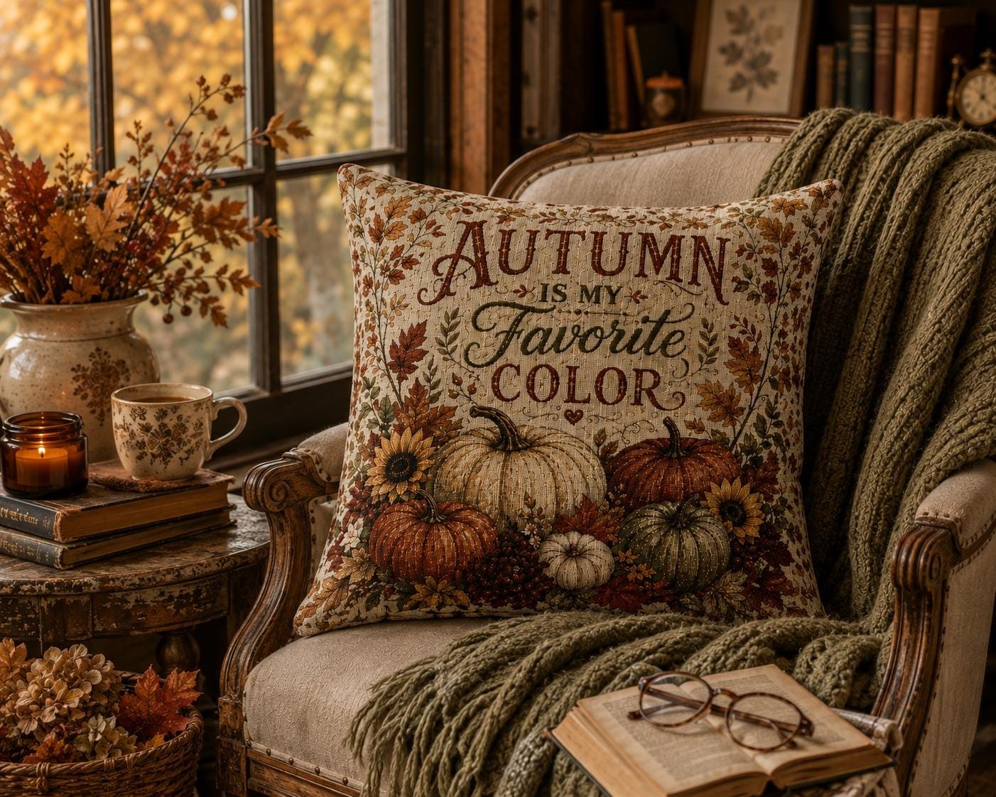 Autumn Is My Favorite Color Woven Pillow, Fall Pumpkin Decorative Pillow, product view 4
