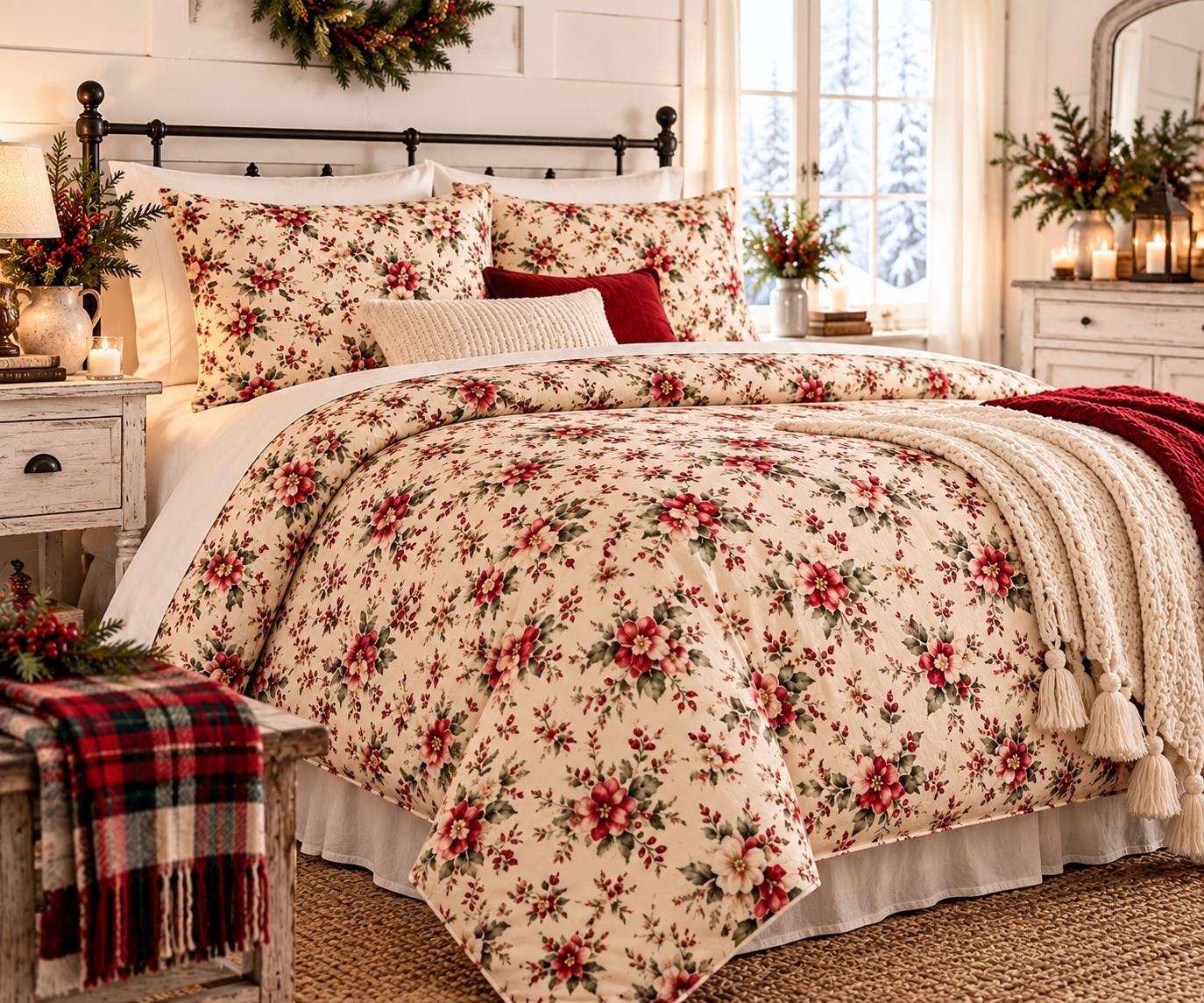 Christmas at the Cottage Watercolor Rose Cotton Bed Set, product view 1