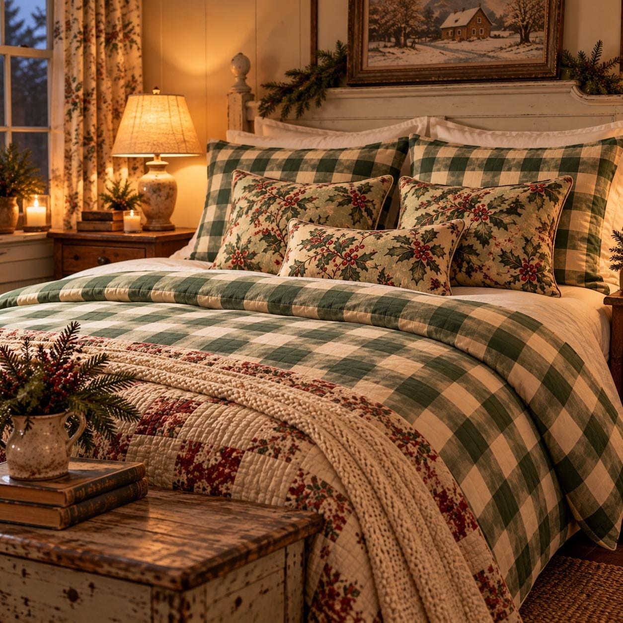 Cottage Evergreen Buffalo Check Christmas Bedding Set, product view 1