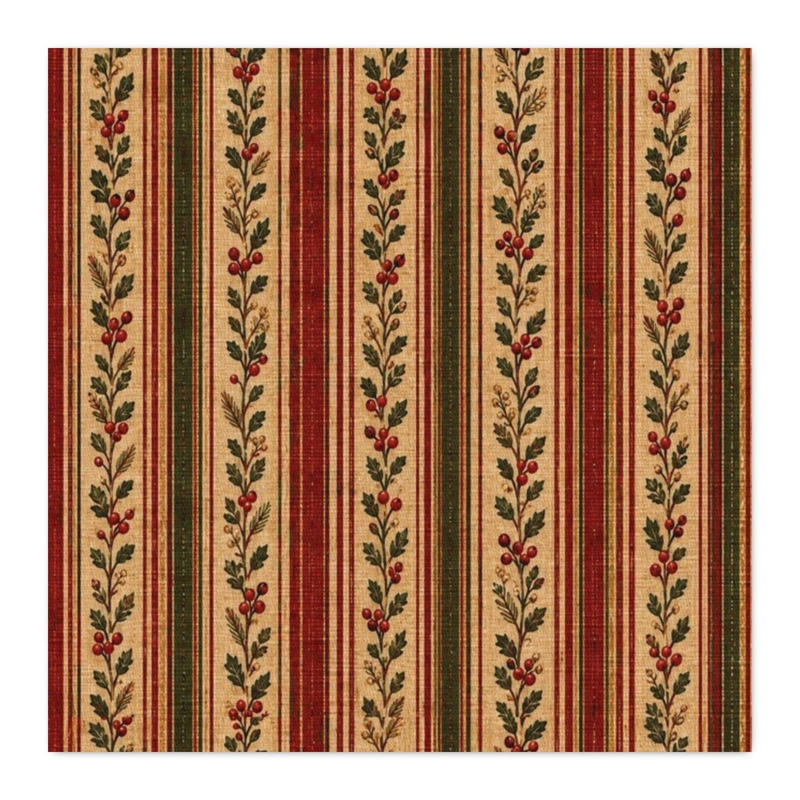 Christmas at the Cottage Vintage Cranberry Evergreen Botanical Stripe CUSTOM Cotton Twill Fabric, fabric design
