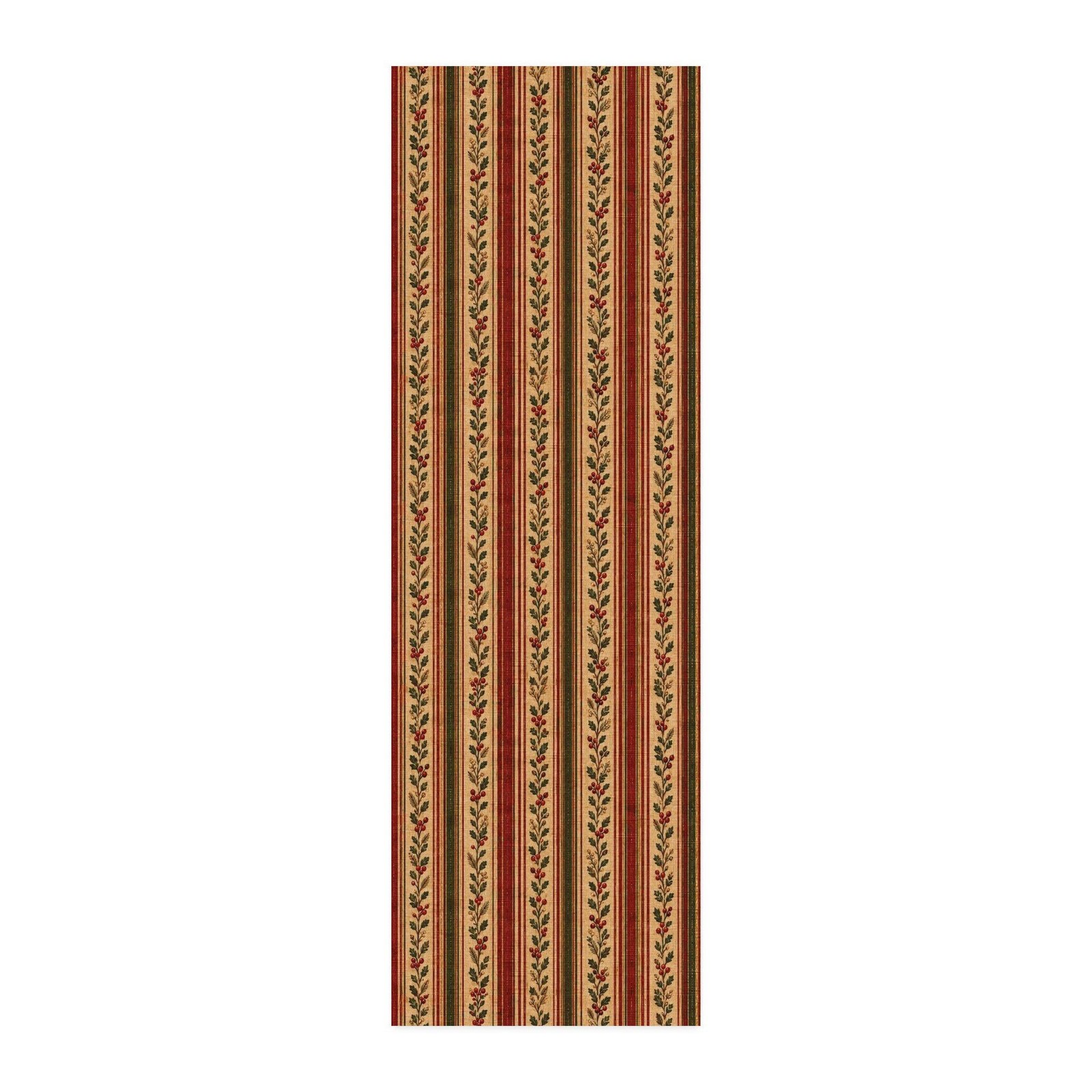 Christmas at the Cottage Vintage Cranberry Evergreen Botanical Stripe CUSTOM Cotton Twill Fabric, product view 2