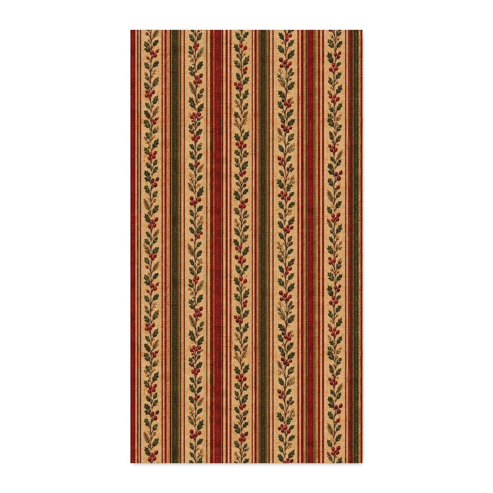 Christmas at the Cottage Vintage Cranberry Evergreen Botanical Stripe CUSTOM Cotton Twill Fabric, product view 3