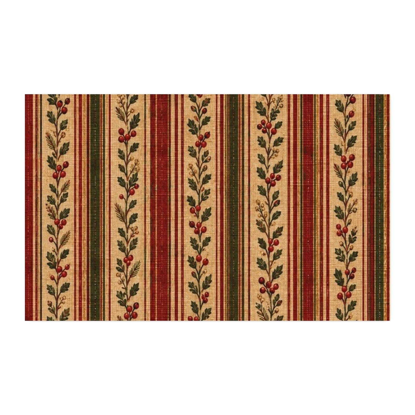Christmas at the Cottage Vintage Cranberry Evergreen Botanical Stripe CUSTOM Cotton Twill Fabric, product view 4