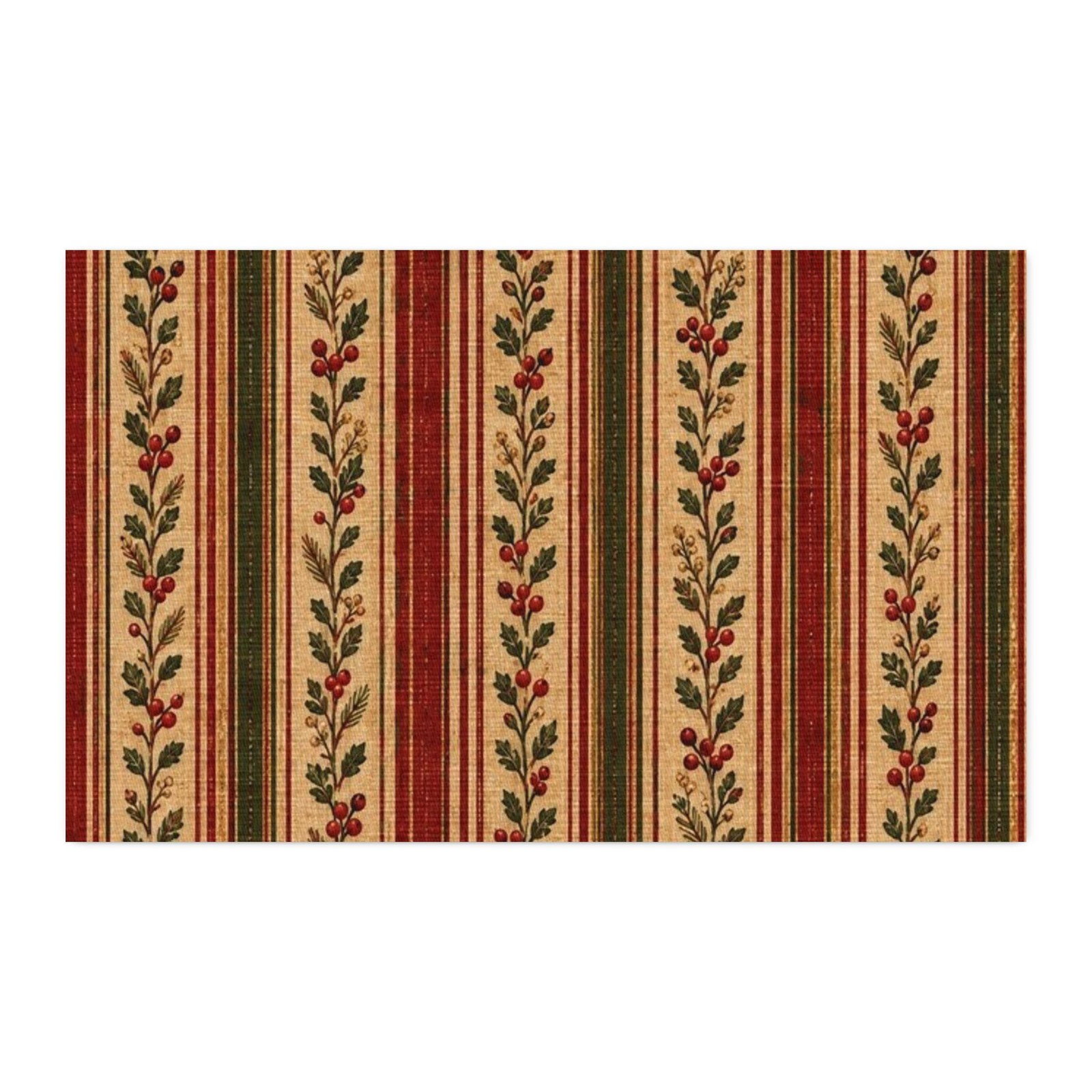 Christmas at the Cottage Vintage Cranberry Evergreen Botanical Stripe CUSTOM Cotton Twill Fabric, product view 5