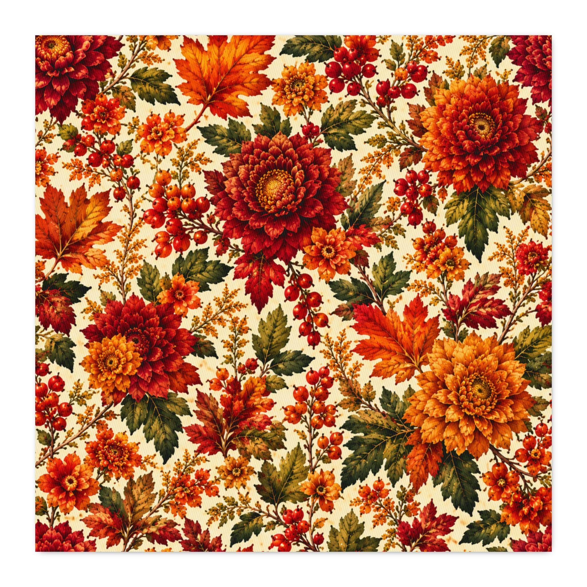 Autumn Floral Cotton Twill Fabric: Chrysanthemums, Leaves, Berries (100% Cotton)