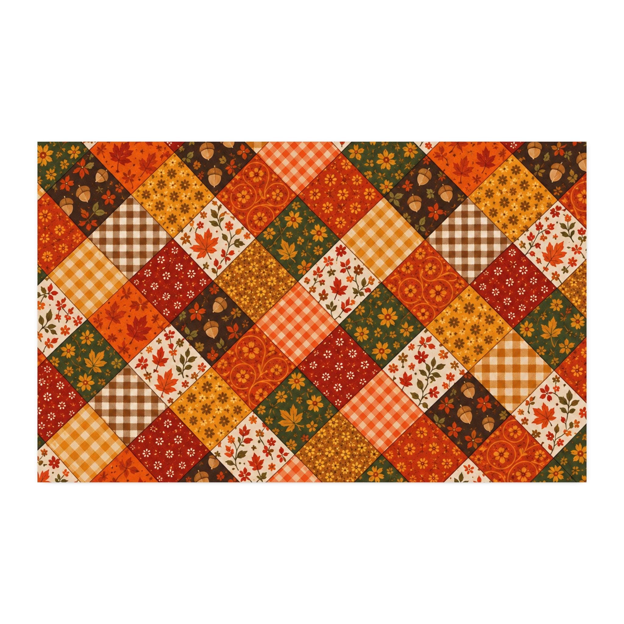 Autumn Patchwork Cotton Twill 58" x 36", Fall Plaid & Leaf Print