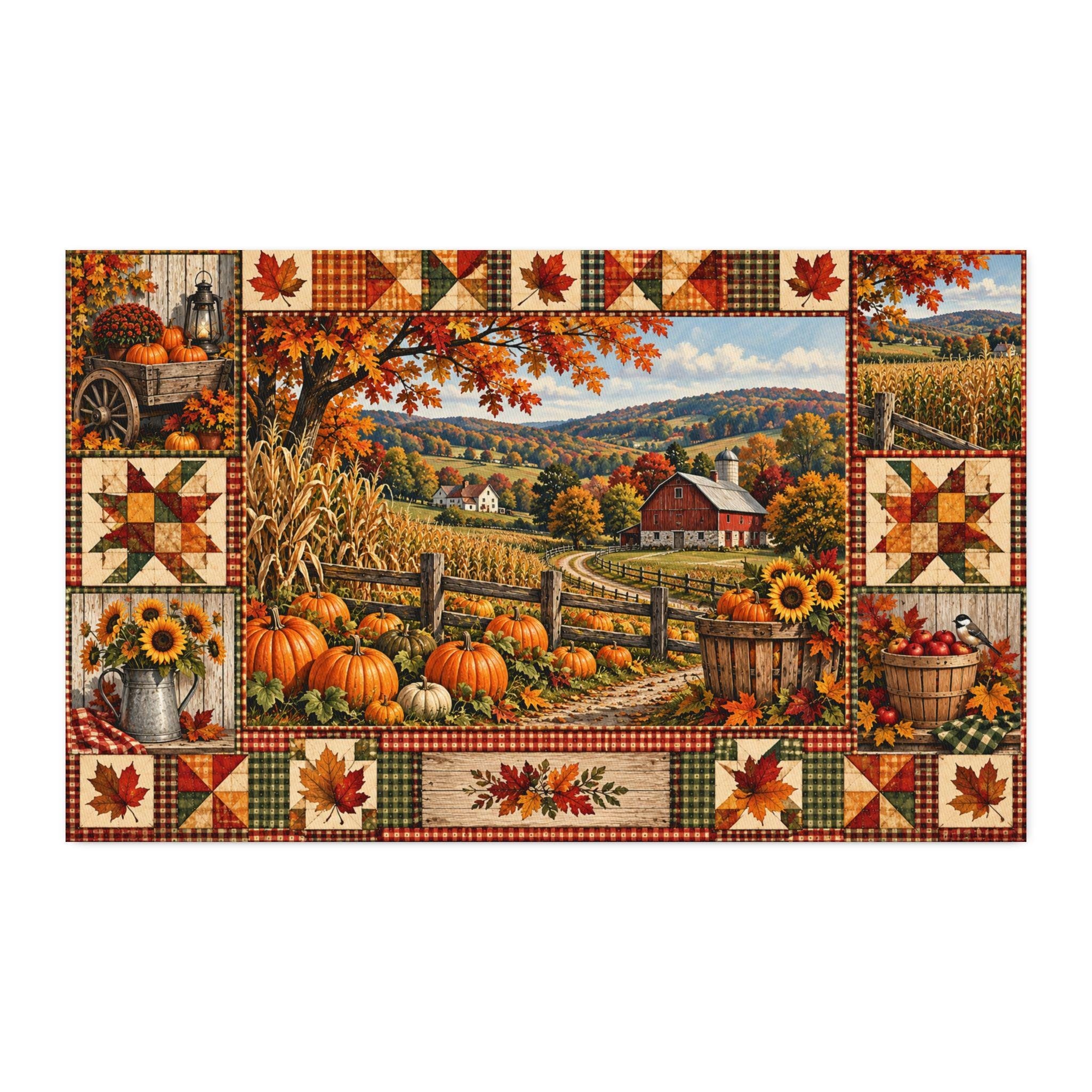 Bucks County Harvest Cozy Autumn Farm Fabric Panel | Pumpkin Patch, Cornfields & Patchwork | 29 x 18