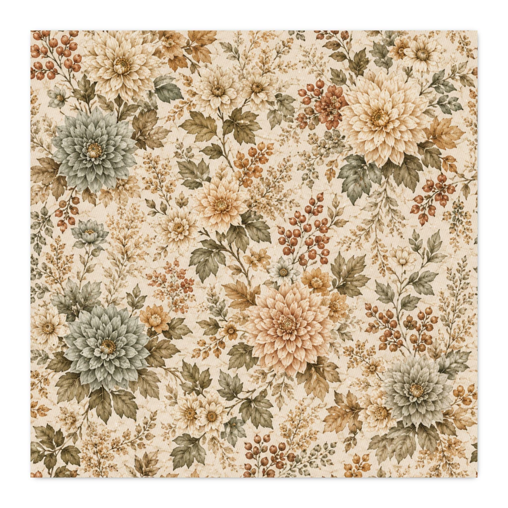 Elegant Autumn Floral Beige and Sage Cotton Twill Fabric