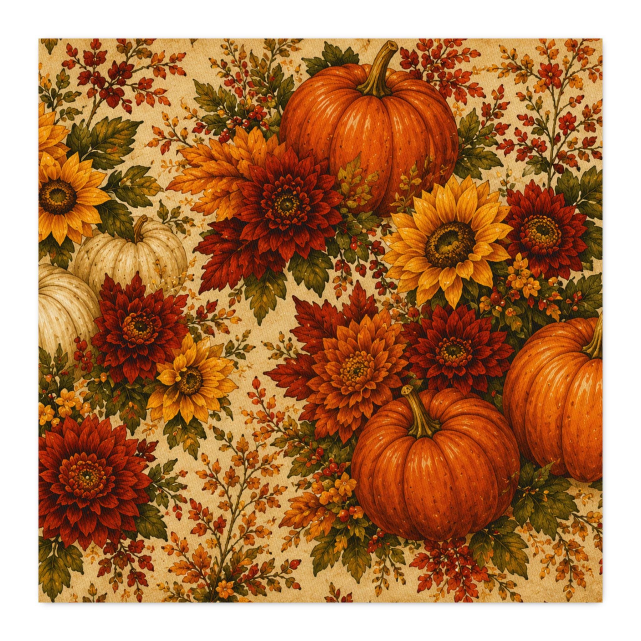Fall Harvest Cotton Twill Fabric: Pumpkins, Sunflowers, Chrysanthemums (100% Cotton)