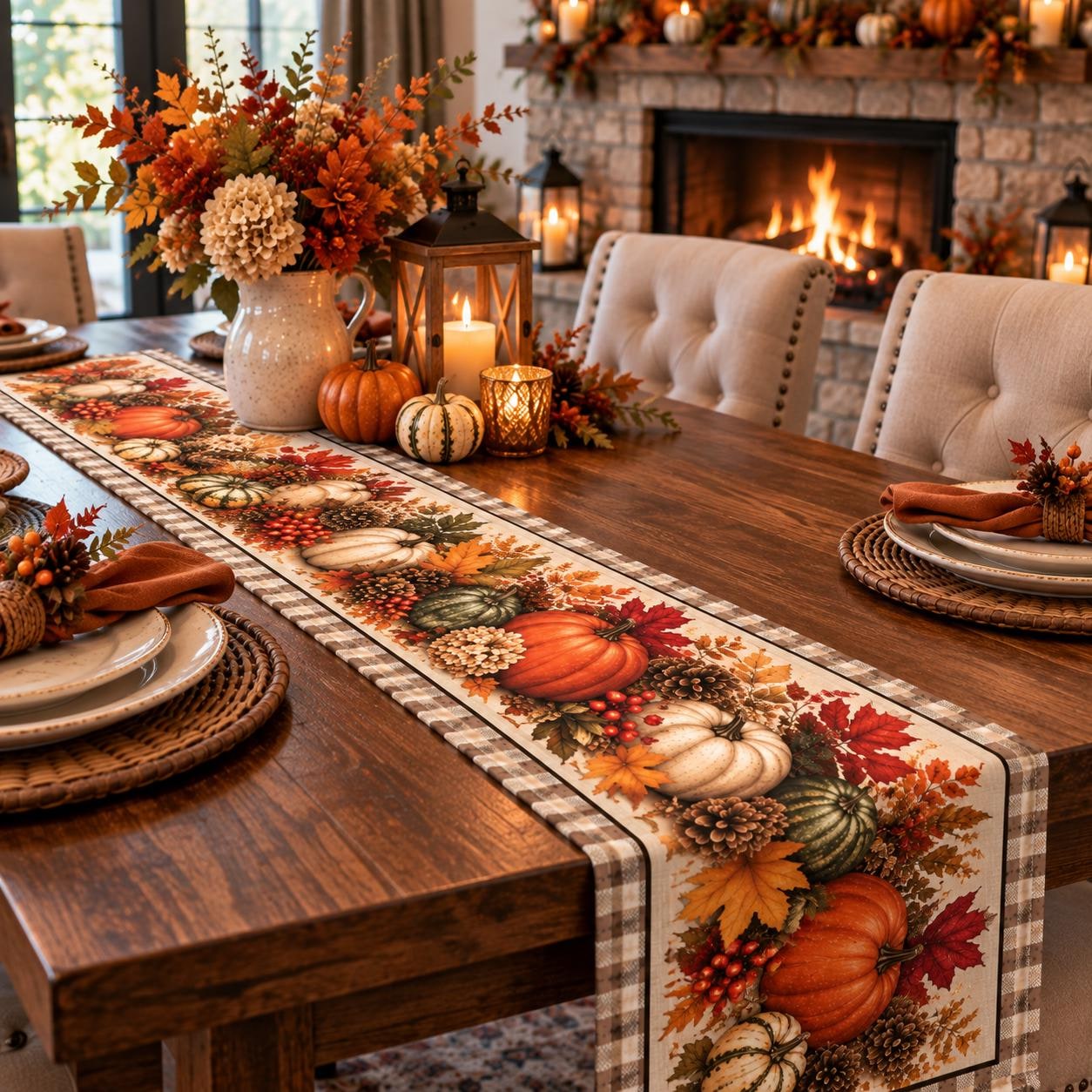 Autumn Pumpkins Quilted Table Runner | Fall Harvest, Leaves, Gourds