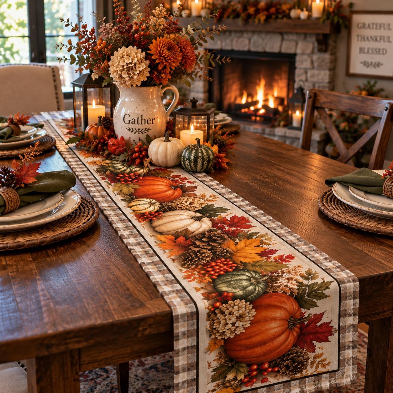 Autumn Pumpkins Quilted Table Runner | Fall Harvest, Leaves, Gourds, product view 2