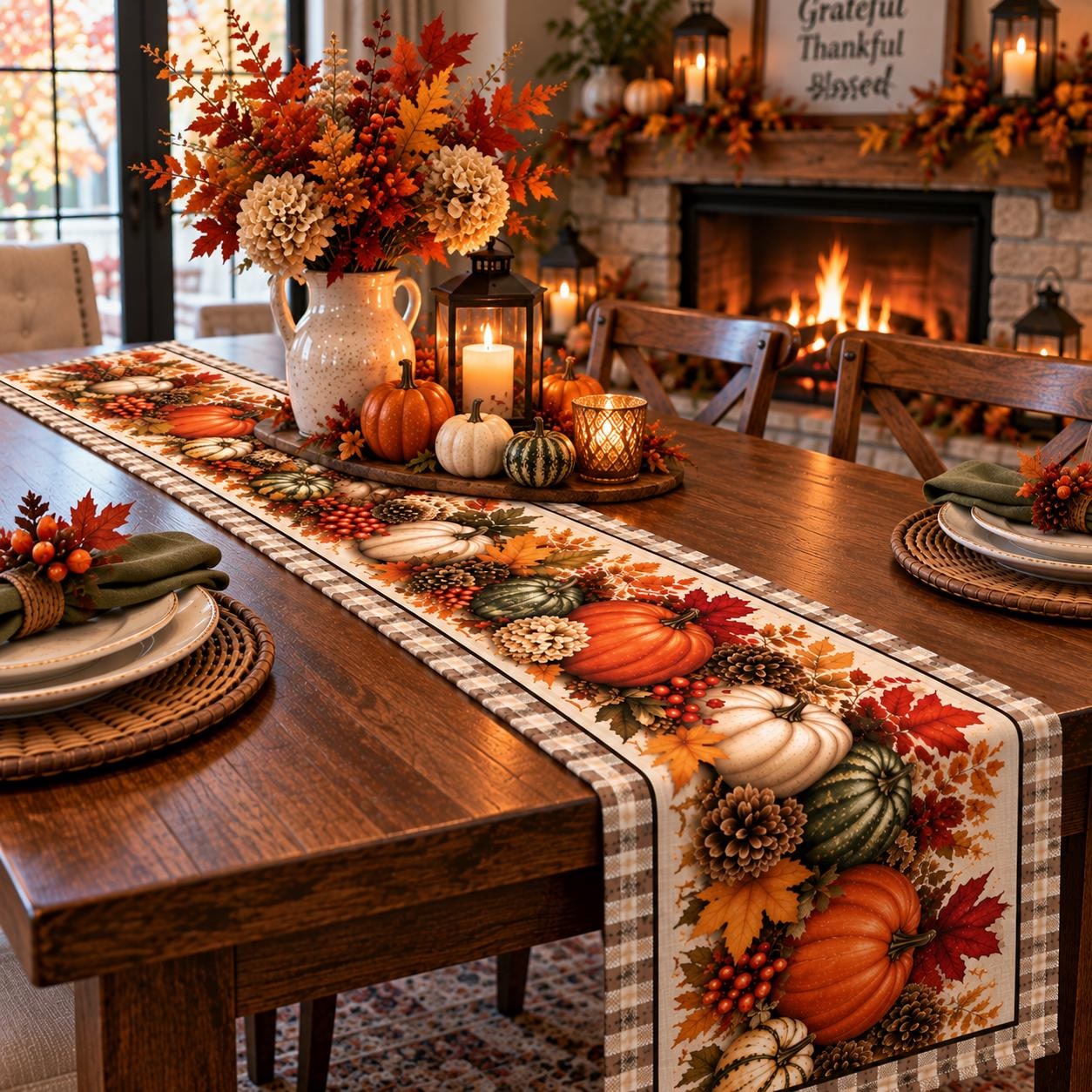 Autumn Pumpkins Quilted Table Runner | Fall Harvest, Leaves, Gourds, product view 3