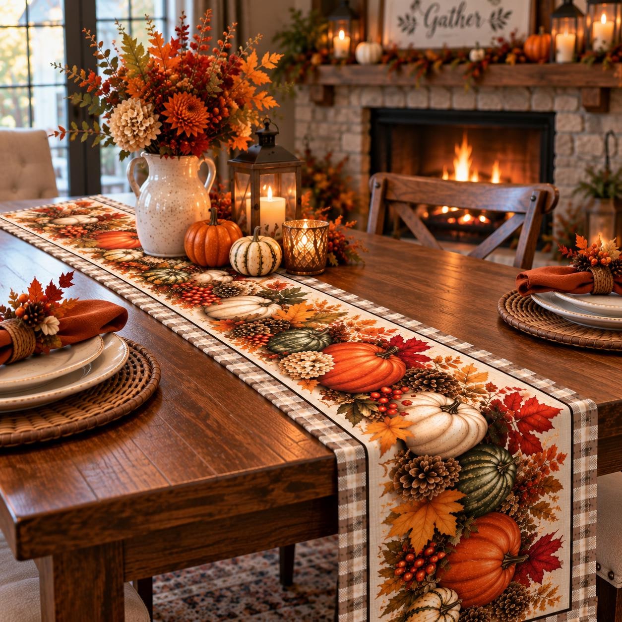 Autumn Pumpkins Quilted Table Runner | Fall Harvest, Leaves, Gourds, product view 4