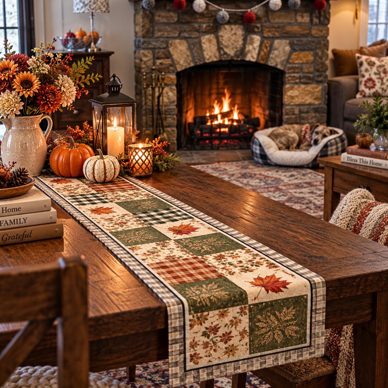 Autumn Patchwork Table Runner Quilted Fall Leaf Plaid Centerpiece