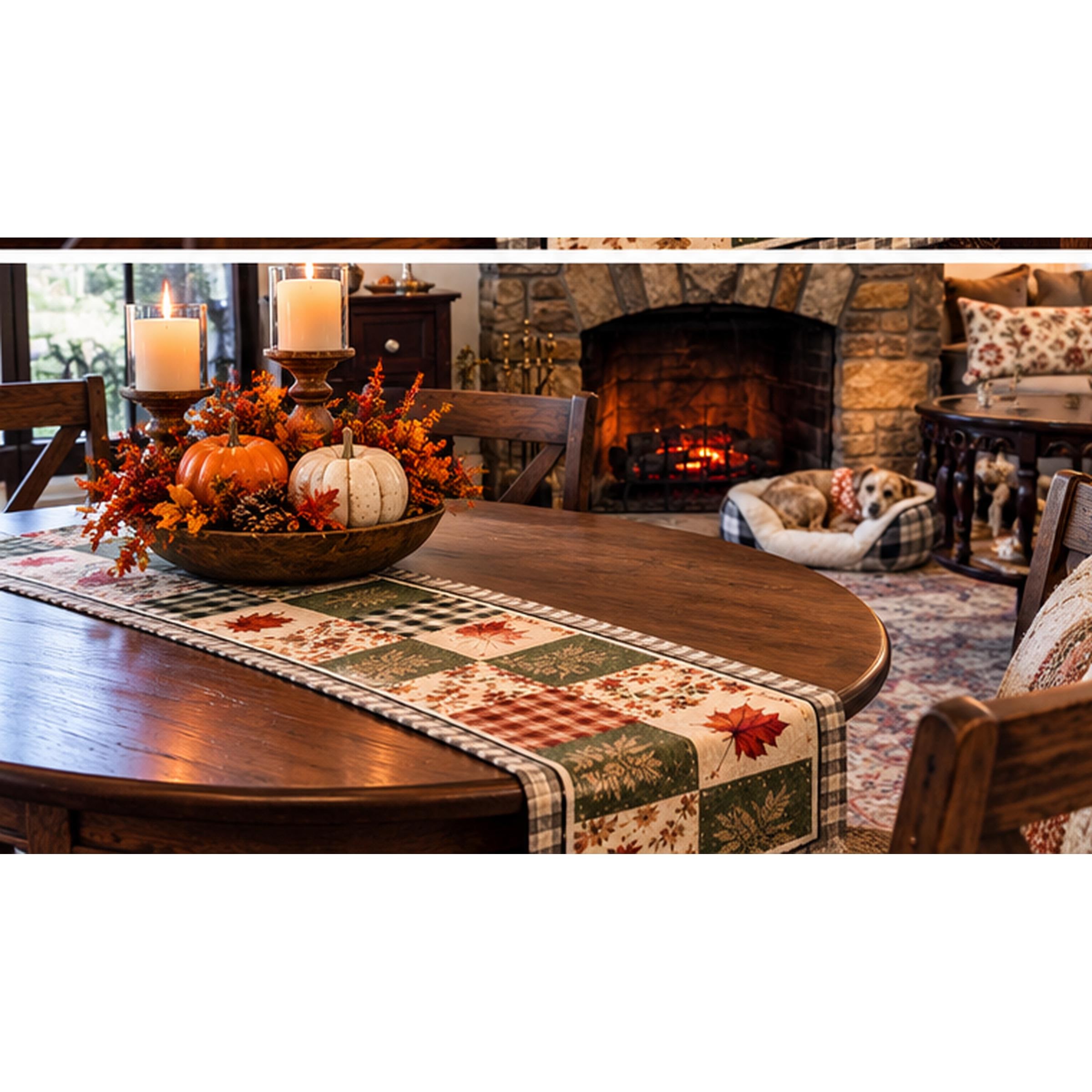Autumn Patchwork Table Runner Quilted Fall Leaf Plaid Centerpiece, product view 3