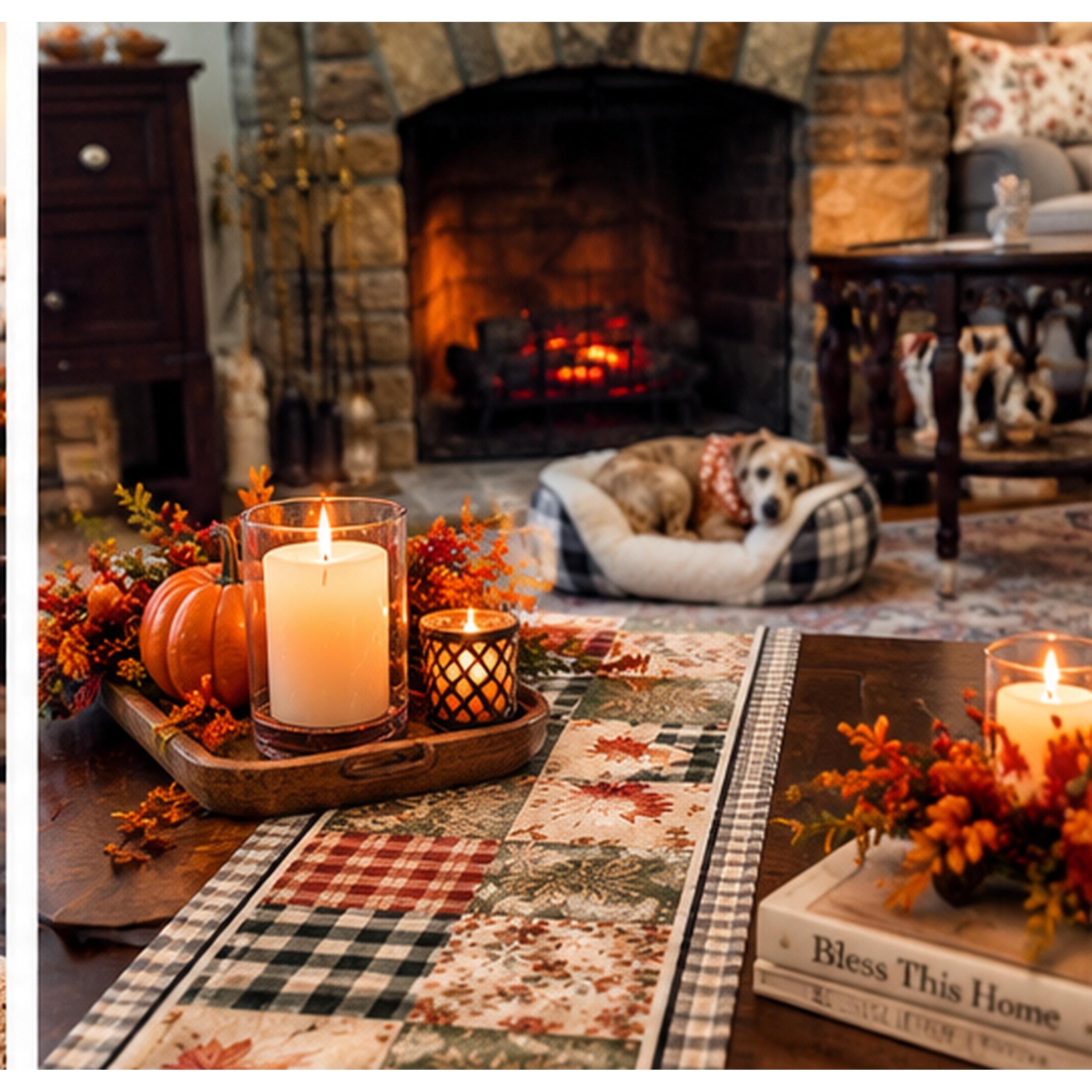 Autumn Patchwork Table Runner Quilted Fall Leaf Plaid Centerpiece, product view 4
