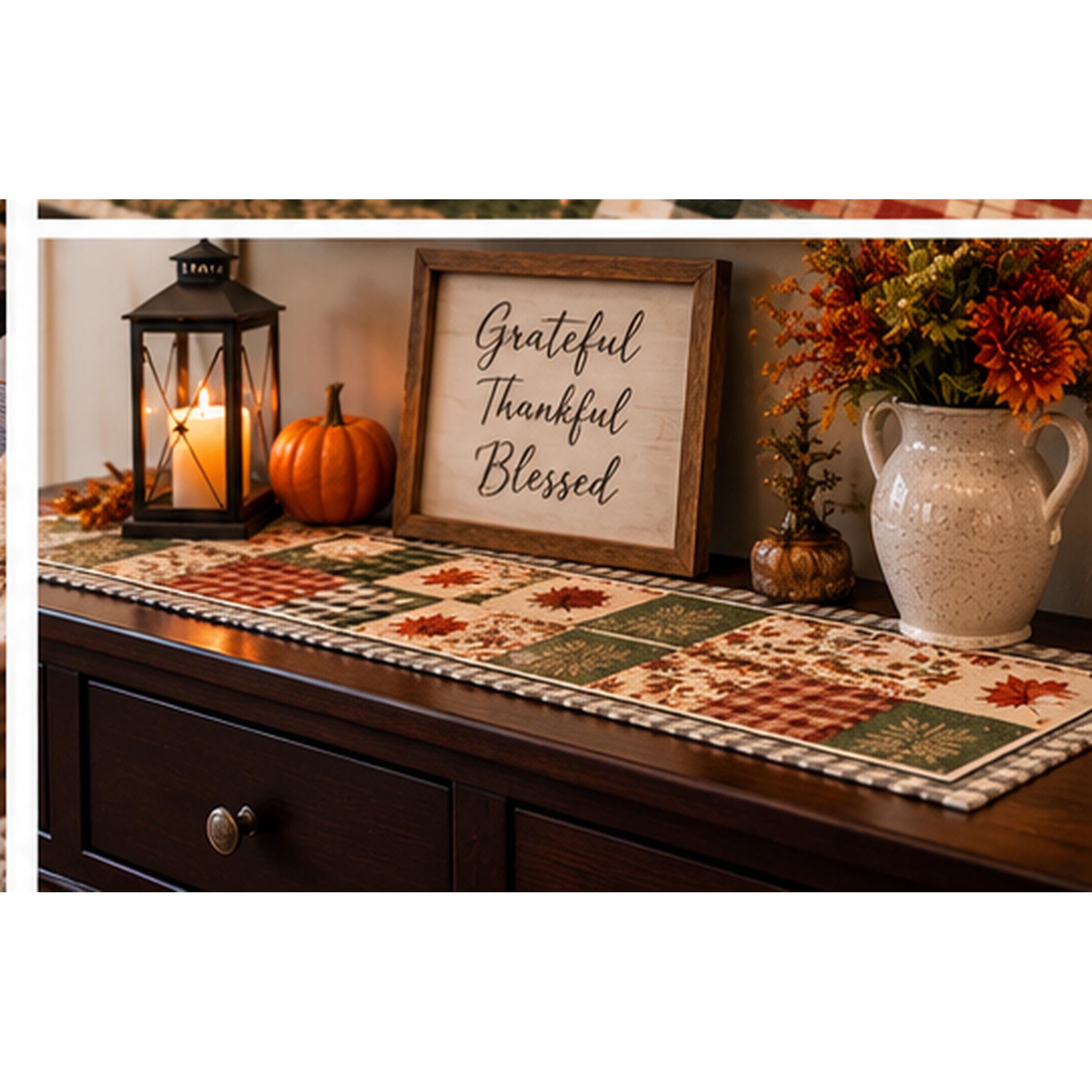 Autumn Patchwork Table Runner Quilted Fall Leaf Plaid Centerpiece, product view 5