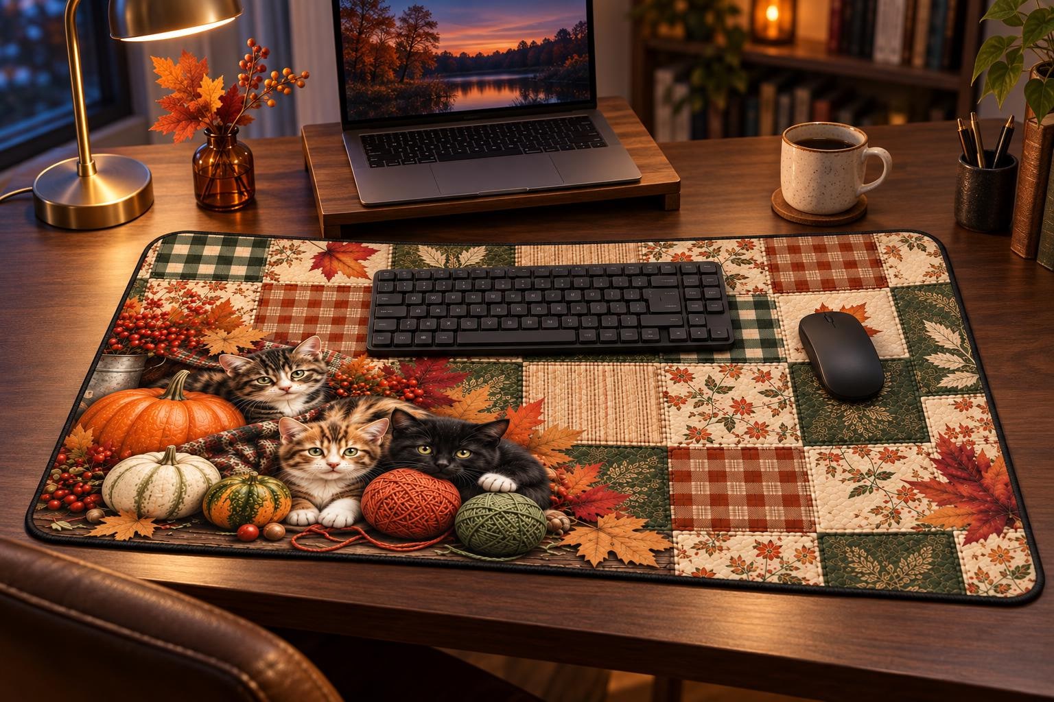 Autumn Patchwork Cat Desk Mat Fall Pumpkin & Leaves Office Mouse Pad