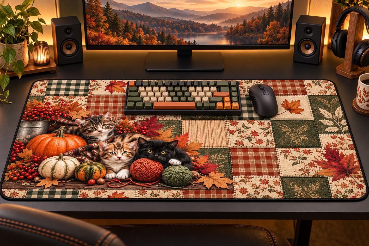 Autumn Patchwork Cat Desk Mat Fall Pumpkin & Leaves Office Mouse Pad, product view 2