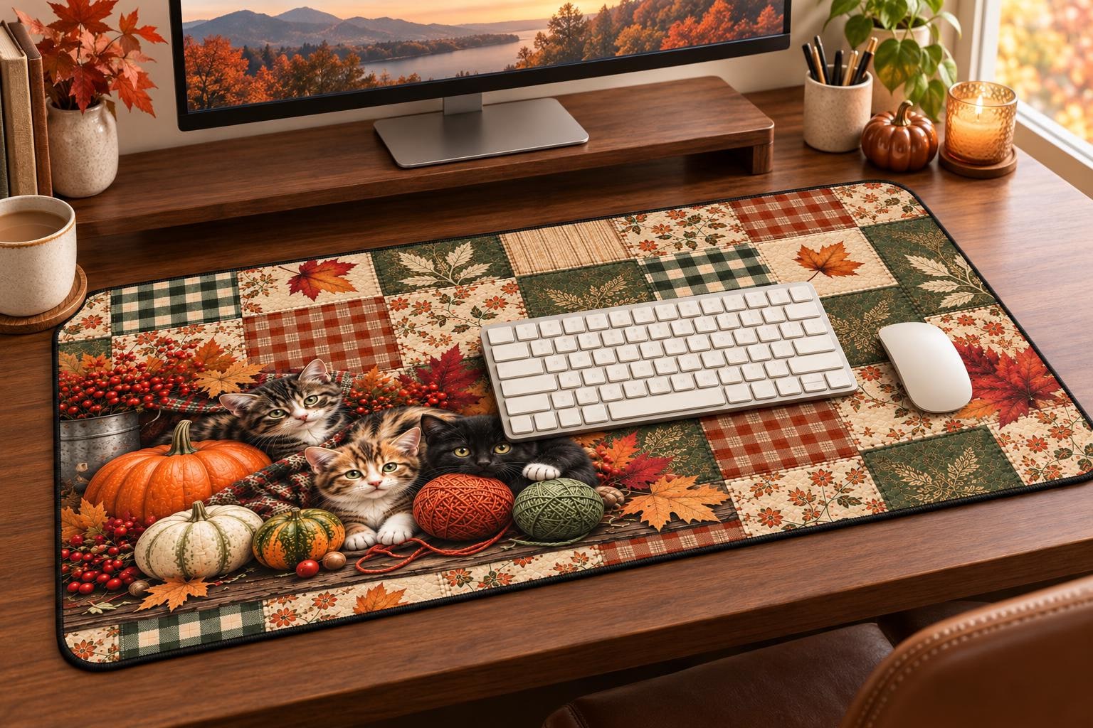 Autumn Patchwork Cat Desk Mat Fall Pumpkin & Leaves Office Mouse Pad, product view 3