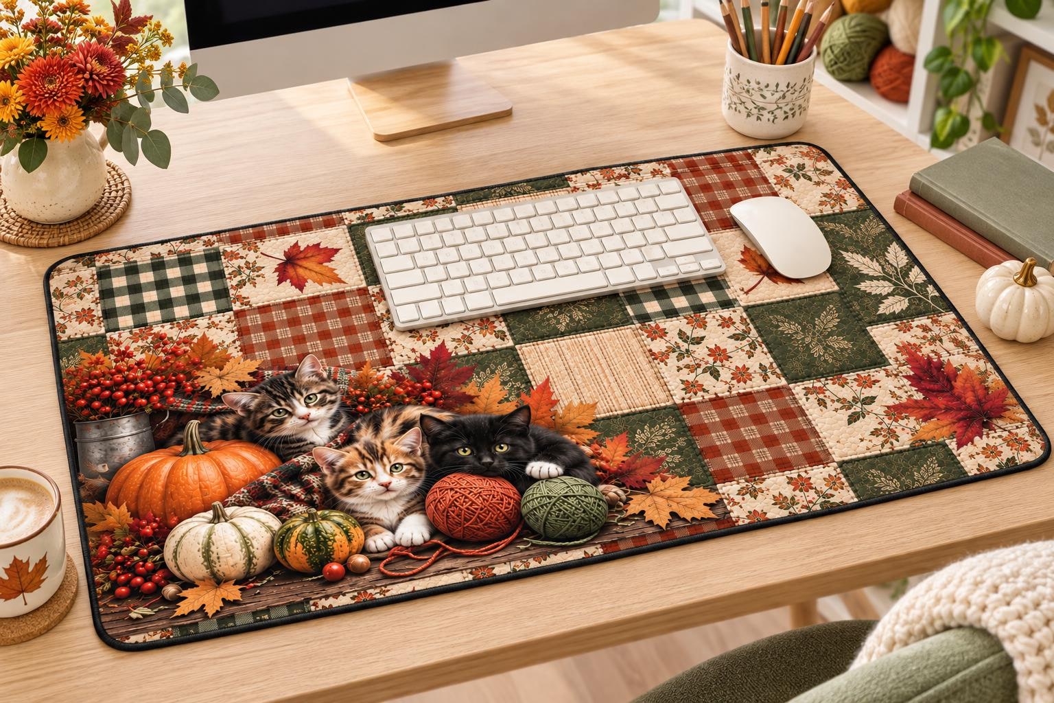 Autumn Patchwork Cat Desk Mat Fall Pumpkin & Leaves Office Mouse Pad, product view 4