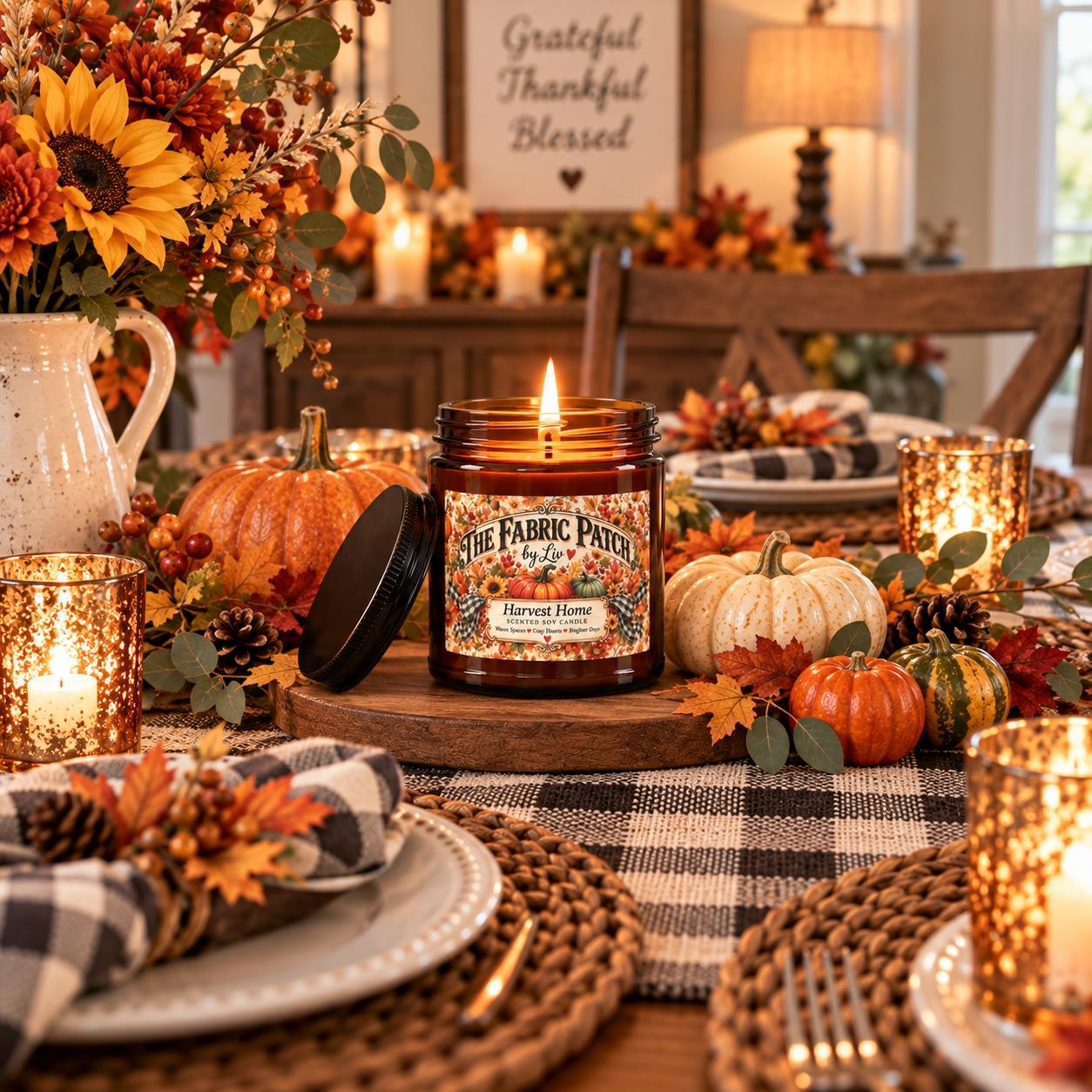 Harvest Home Scented Soy Candle 4oz 9oz Autumn Spice Pumpkin Candle Jar with Black Lid, product view 4