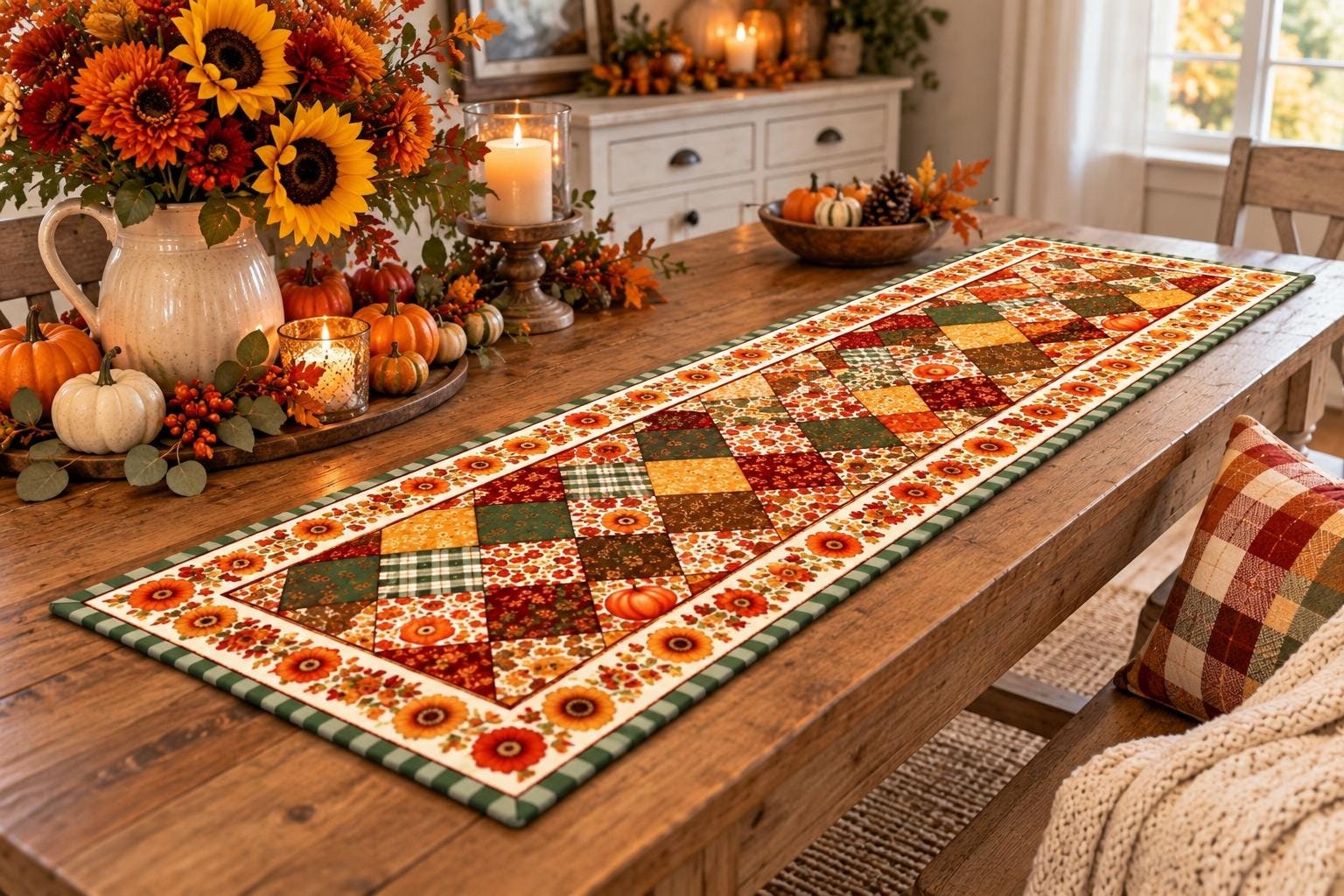 Autumn patchwork quilt table runner with harvest plaid floral decor