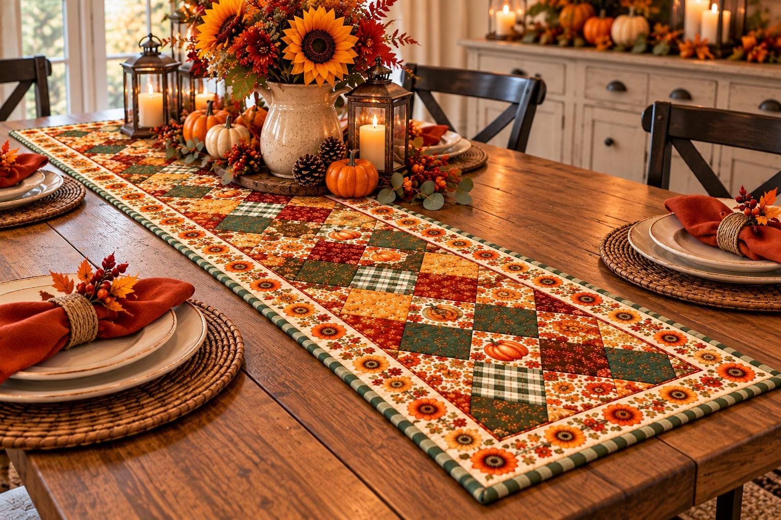 Autumn patchwork quilt table runner, product view 2