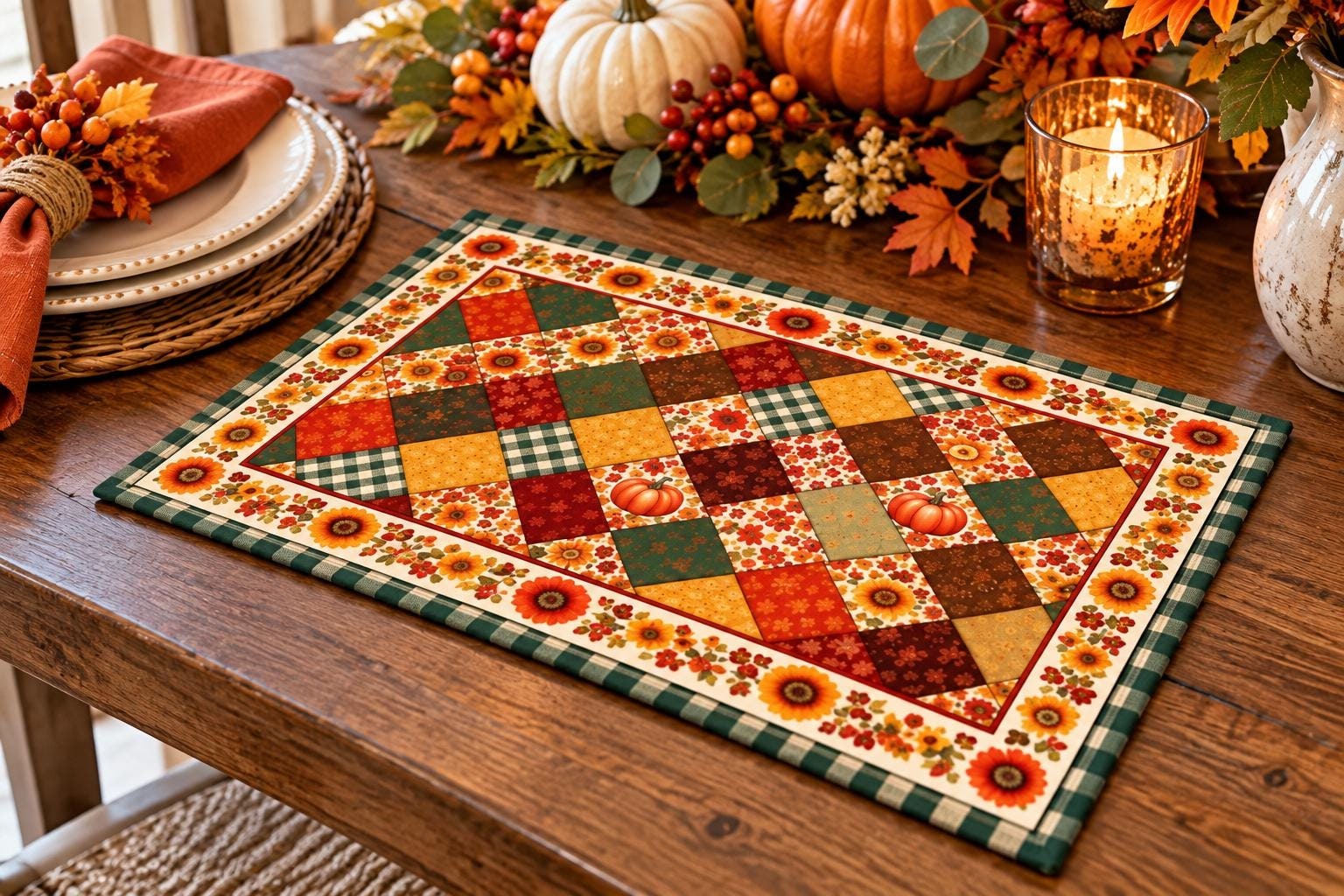 Autumn patchwork pumpkin quilted placemat for fall table decor