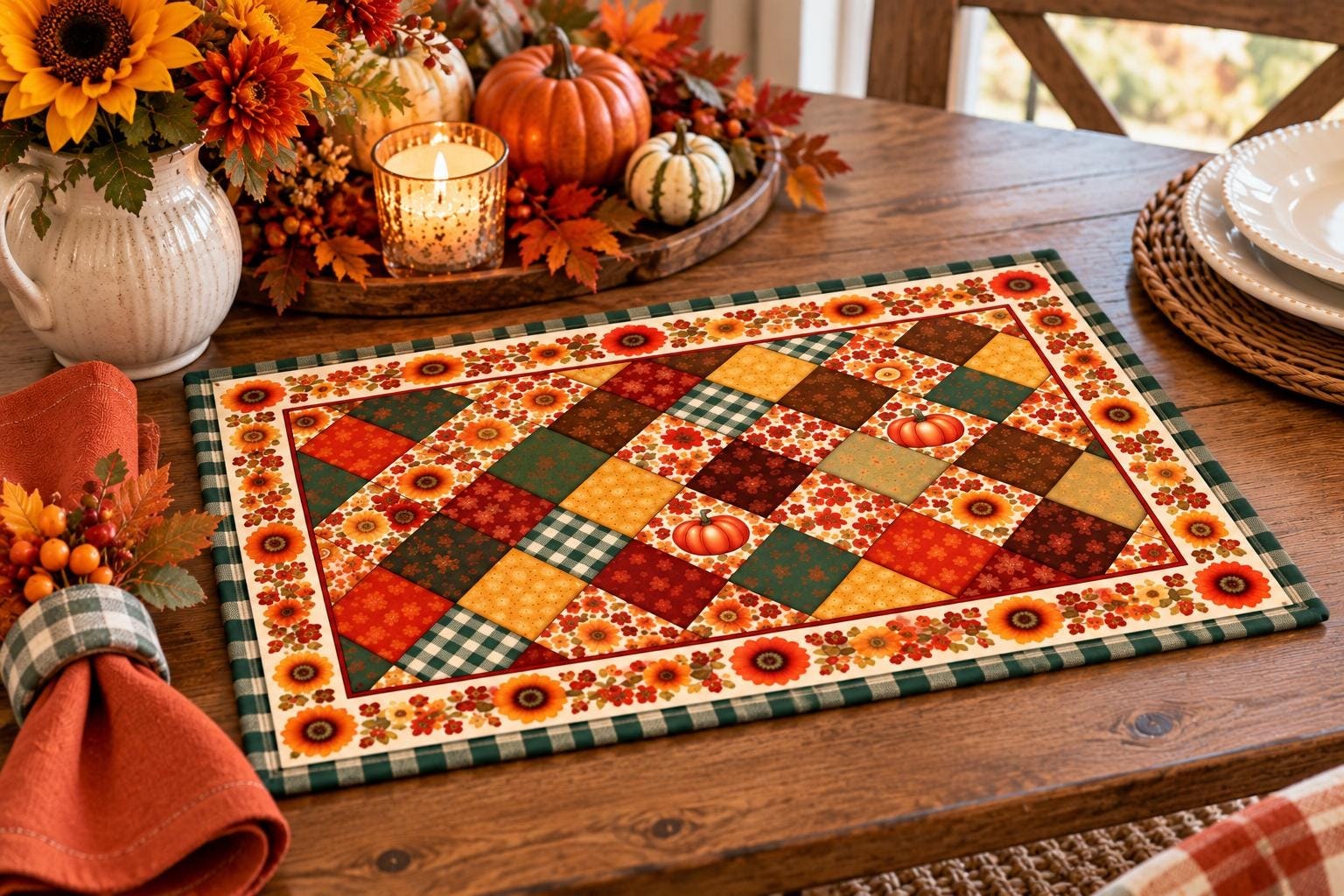 Autumn patchwork pumpkin quilted placemat, product view 2
