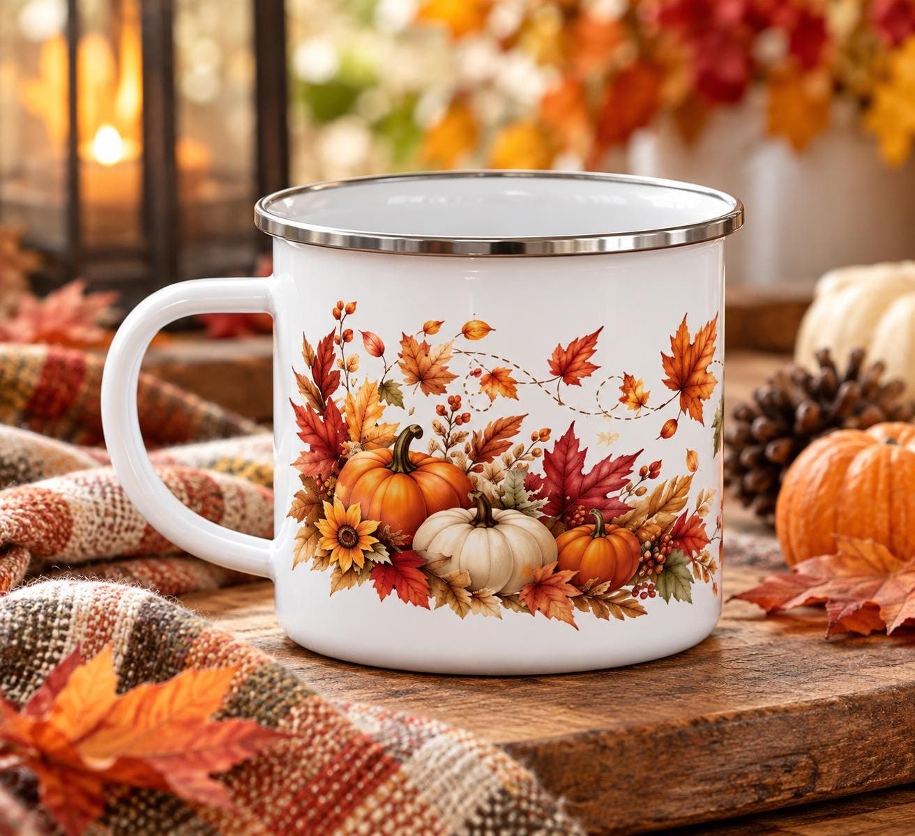 Autumn Harvest enamel camping mug with fall leaves and pumpkins