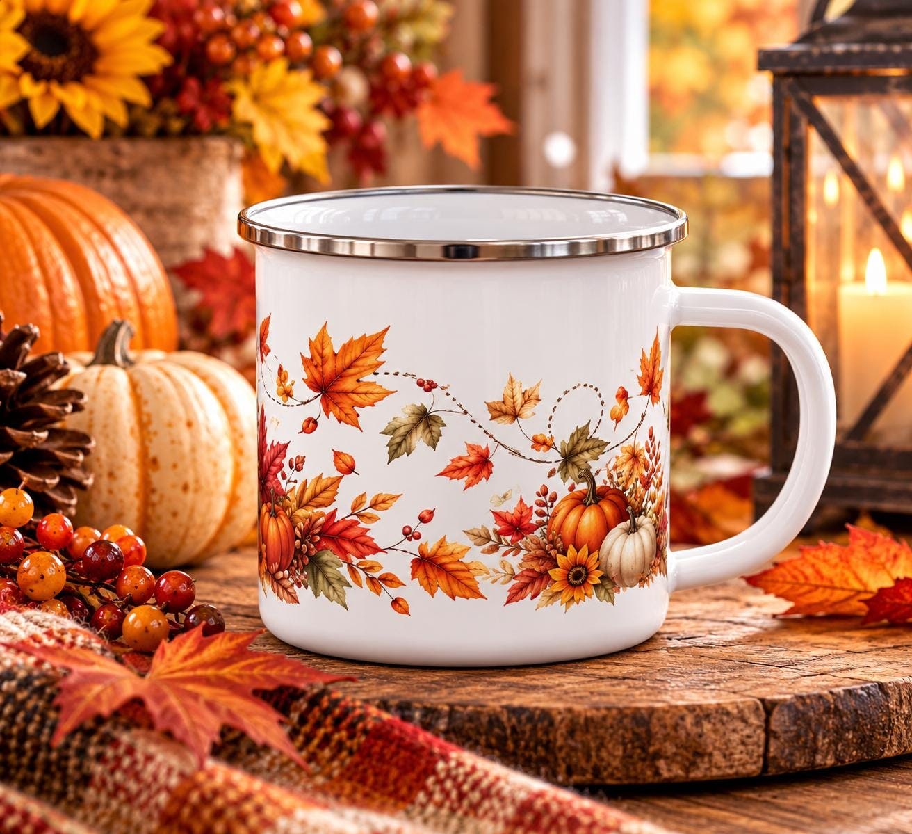 Autumn Harvest enamel camping mug, product view 2
