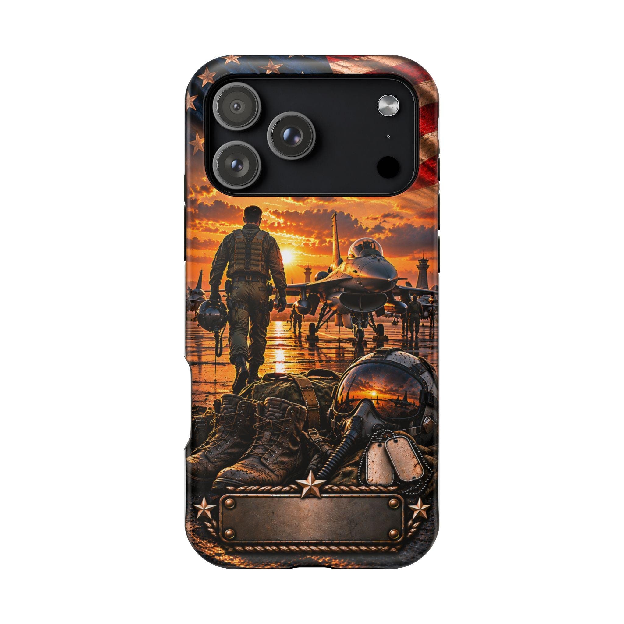 Military Pilot Scene Phone Case | American Flag, Fighter Jet, Pilot Silhouette